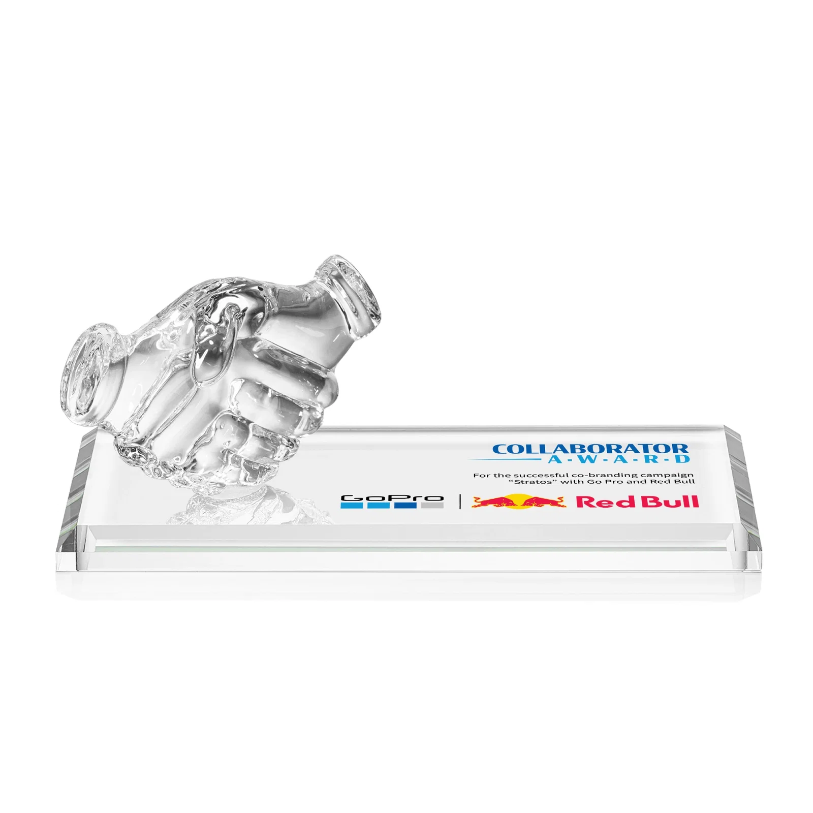 Personalized Optical Crystal Award with a Molded Clasped-Hands Figure, desk awards for employee recognition