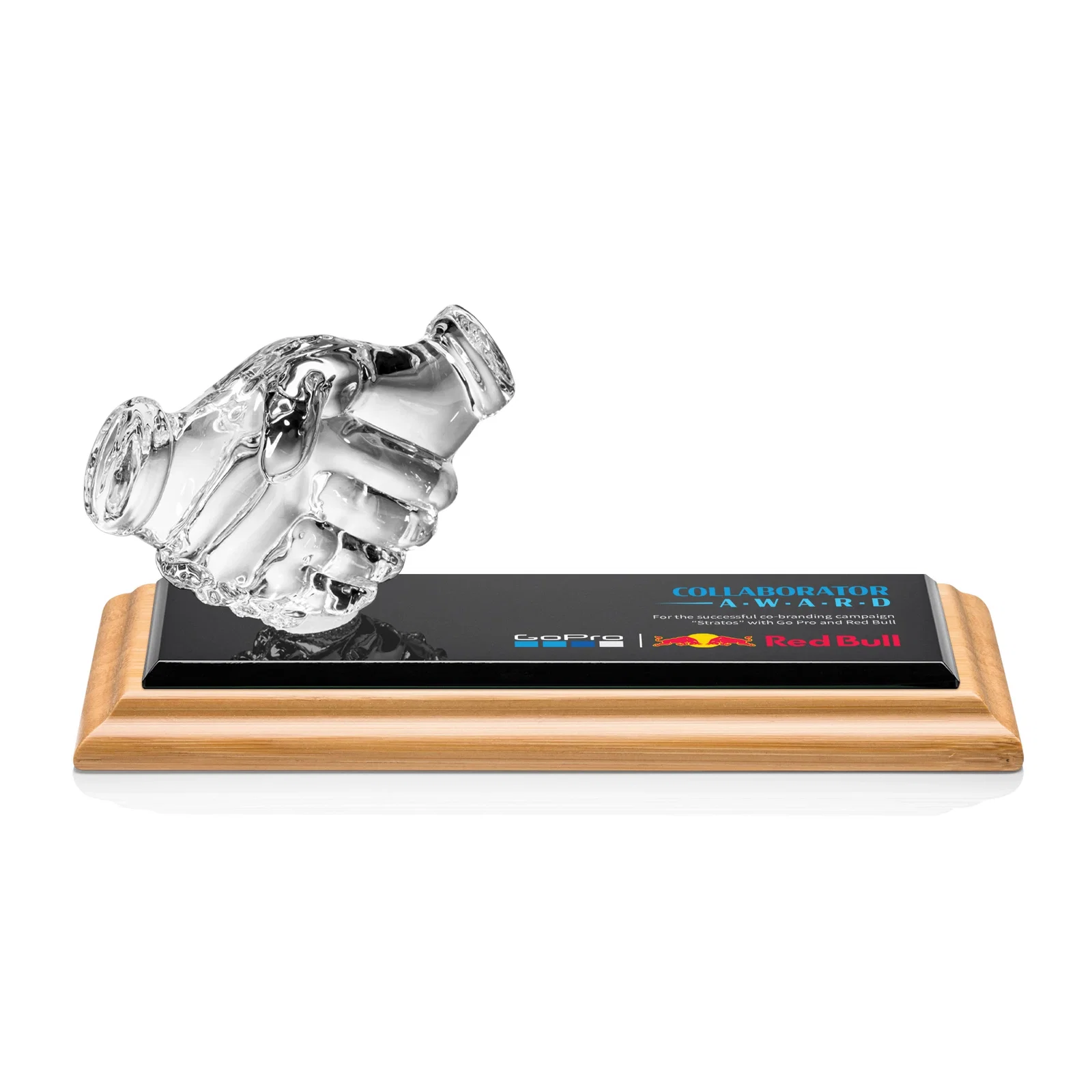 Personalized Optical Crystal Award with a Molded Clasped-Hands Figure, desk awards for corporate award ceremonies
