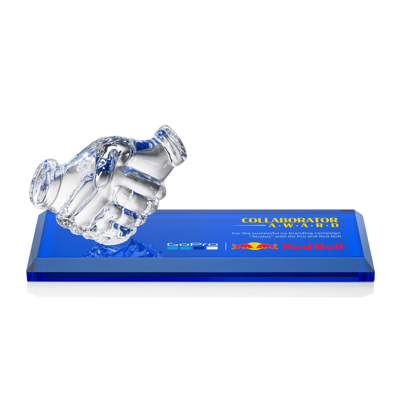 Personalized Optical Crystal Award with a Molded Clasped-Hands Figure, desk awards for sales achievement awards