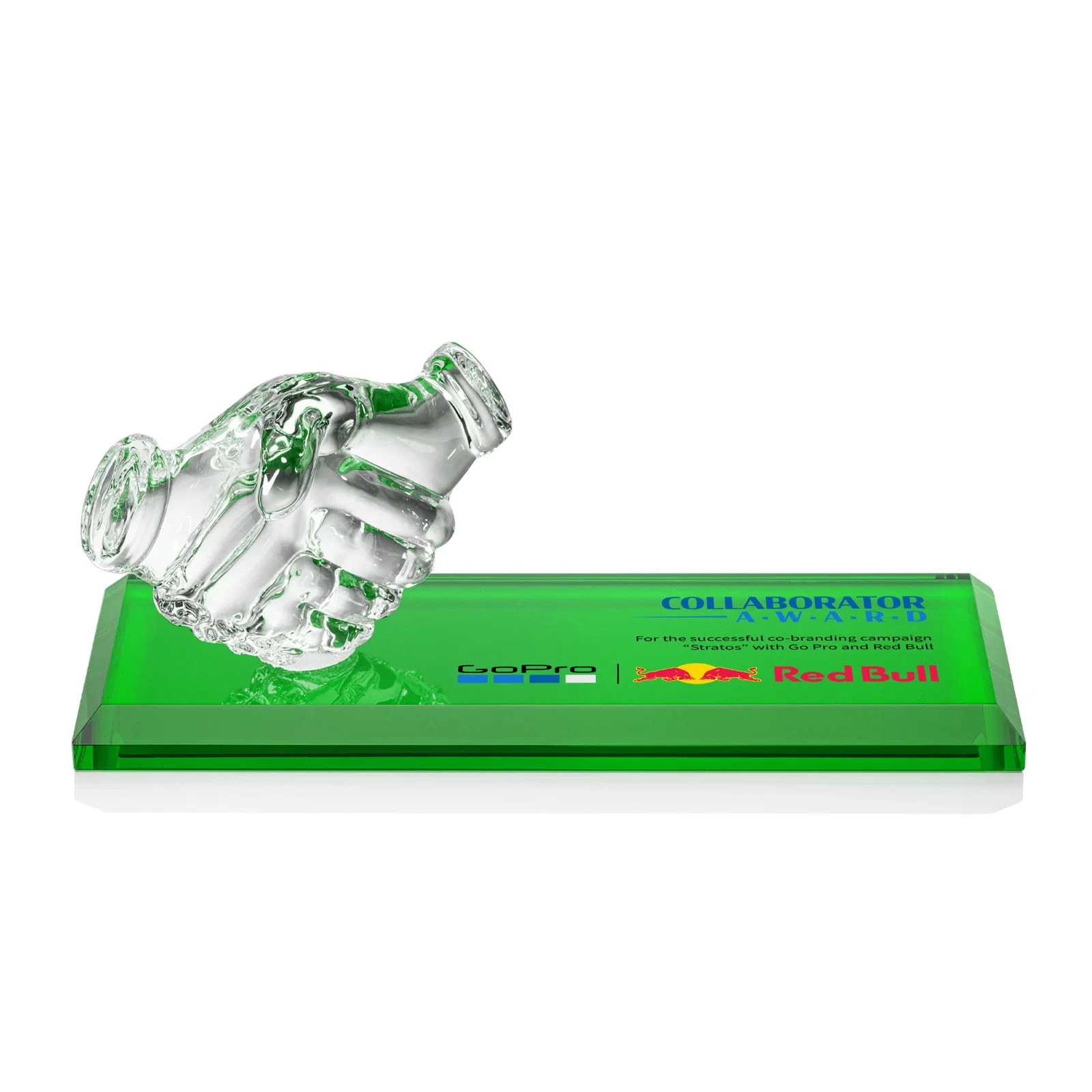 Personalized Optical Crystal Award with a Molded Clasped-Hands Figure, desk awards for retirement presentations