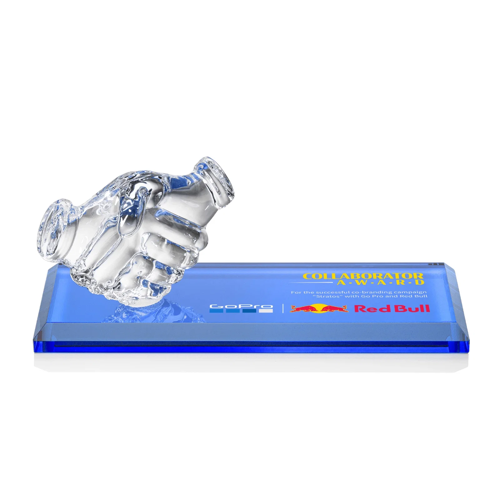 Personalized Optical Crystal Award with a Molded Clasped-Hands Figure, desk awards for team milestone celebrations