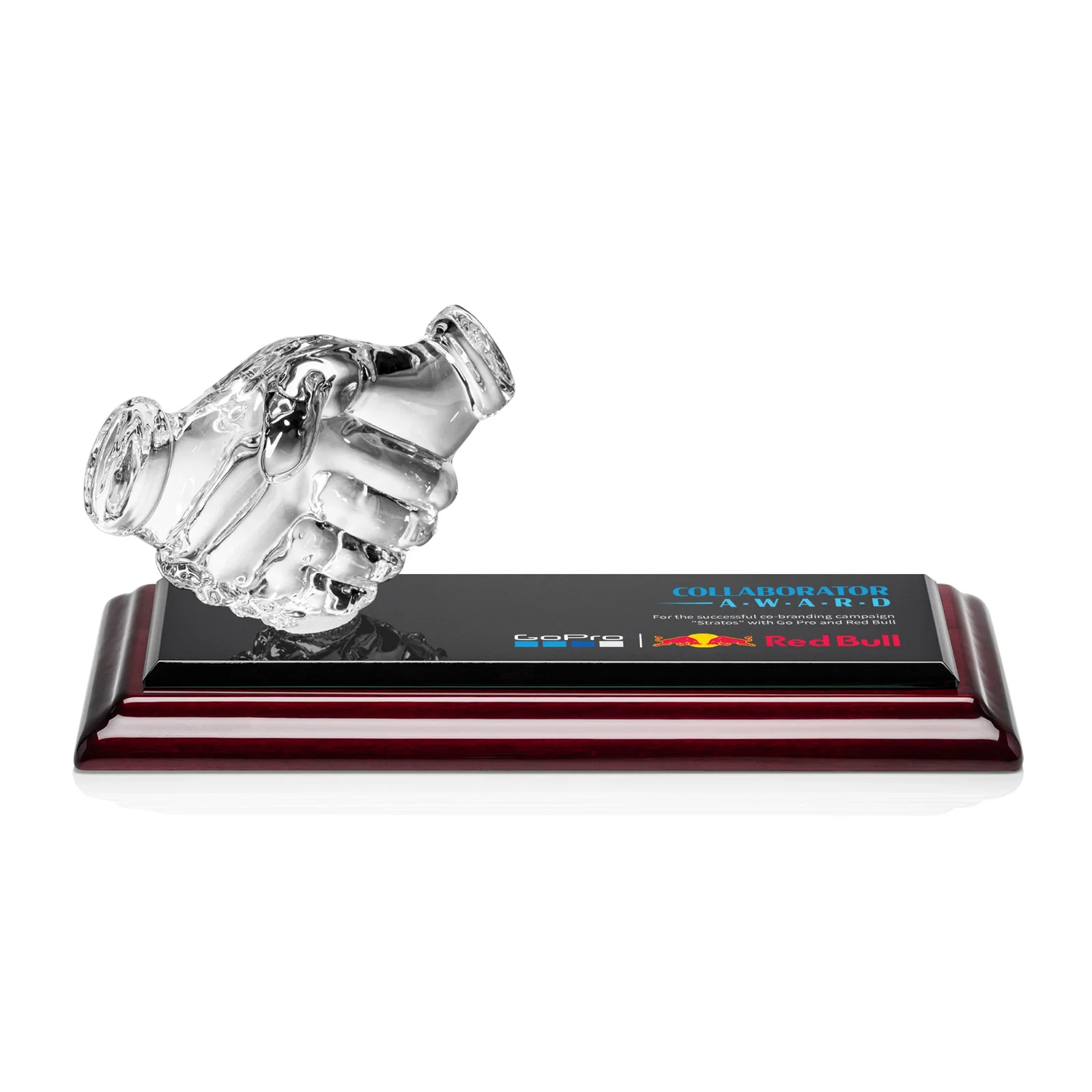 Personalized Optical Crystal Award with a Molded Clasped-Hands Figure, desk awards for donor appreciation