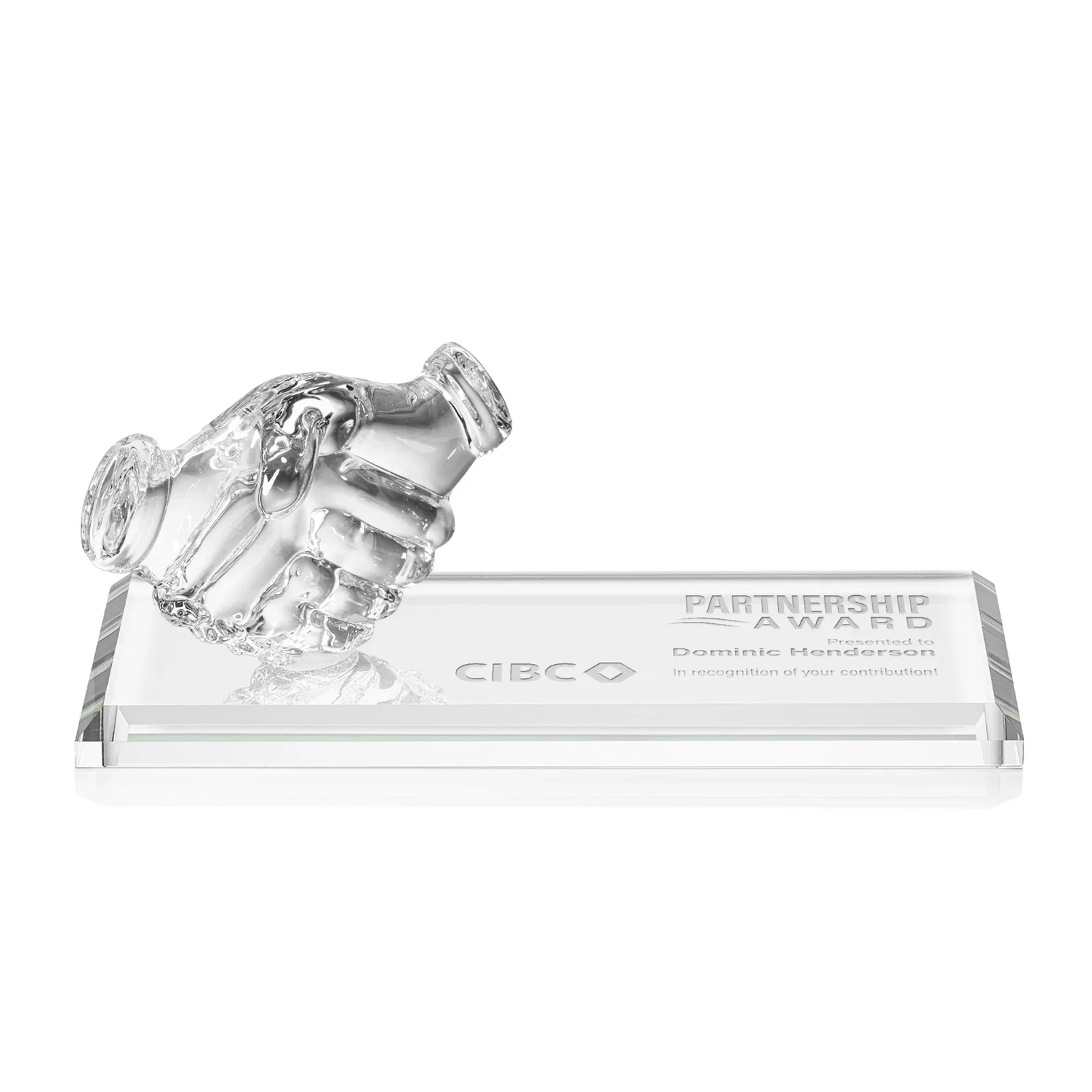 Custom Optical Crystal Award with a Molded Clasped-Hands Figure, desk awards for corporate award ceremonies