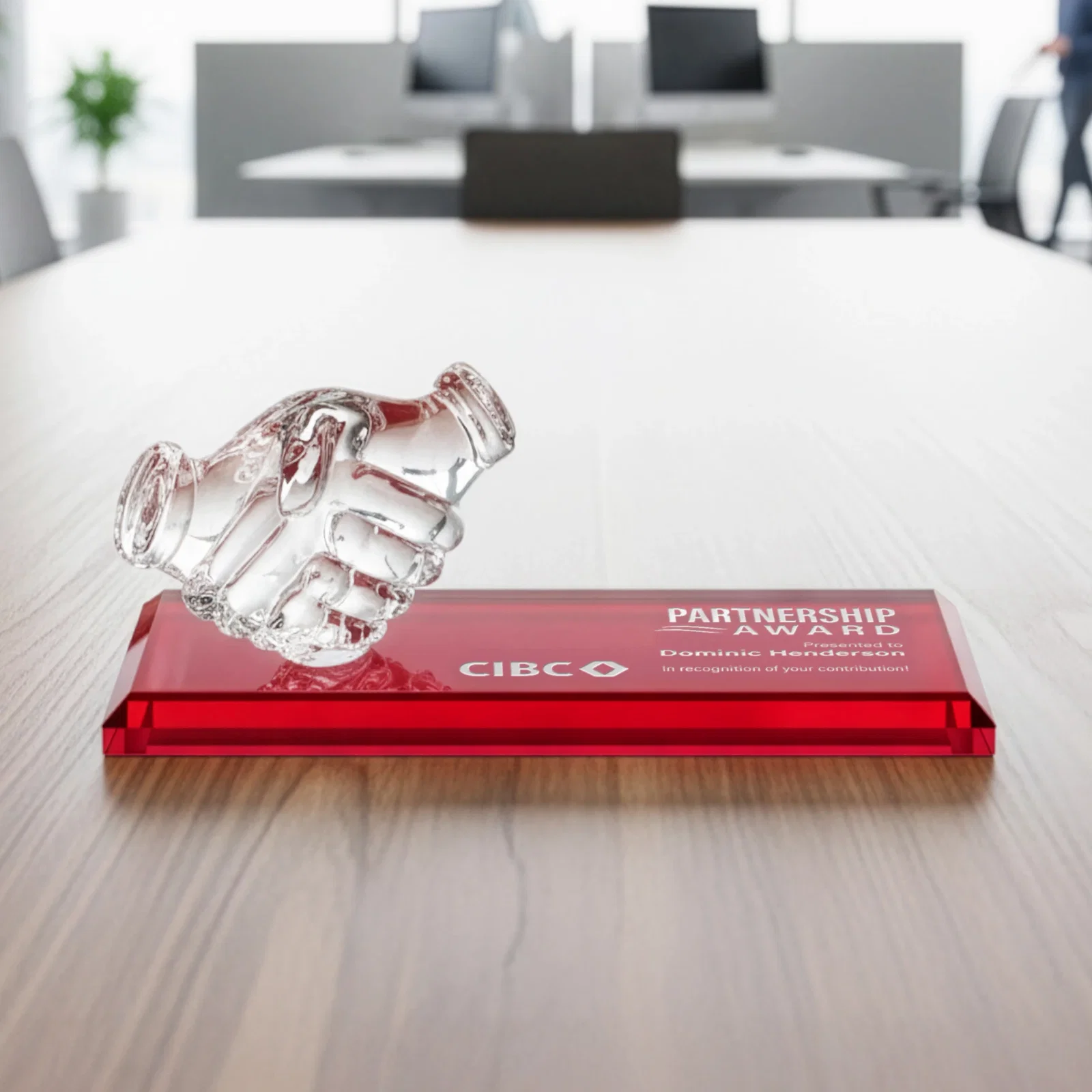 Personalized Optical Crystal Award with a Molded Clasped-Hands Figure, desk awards for dealer and partner awards