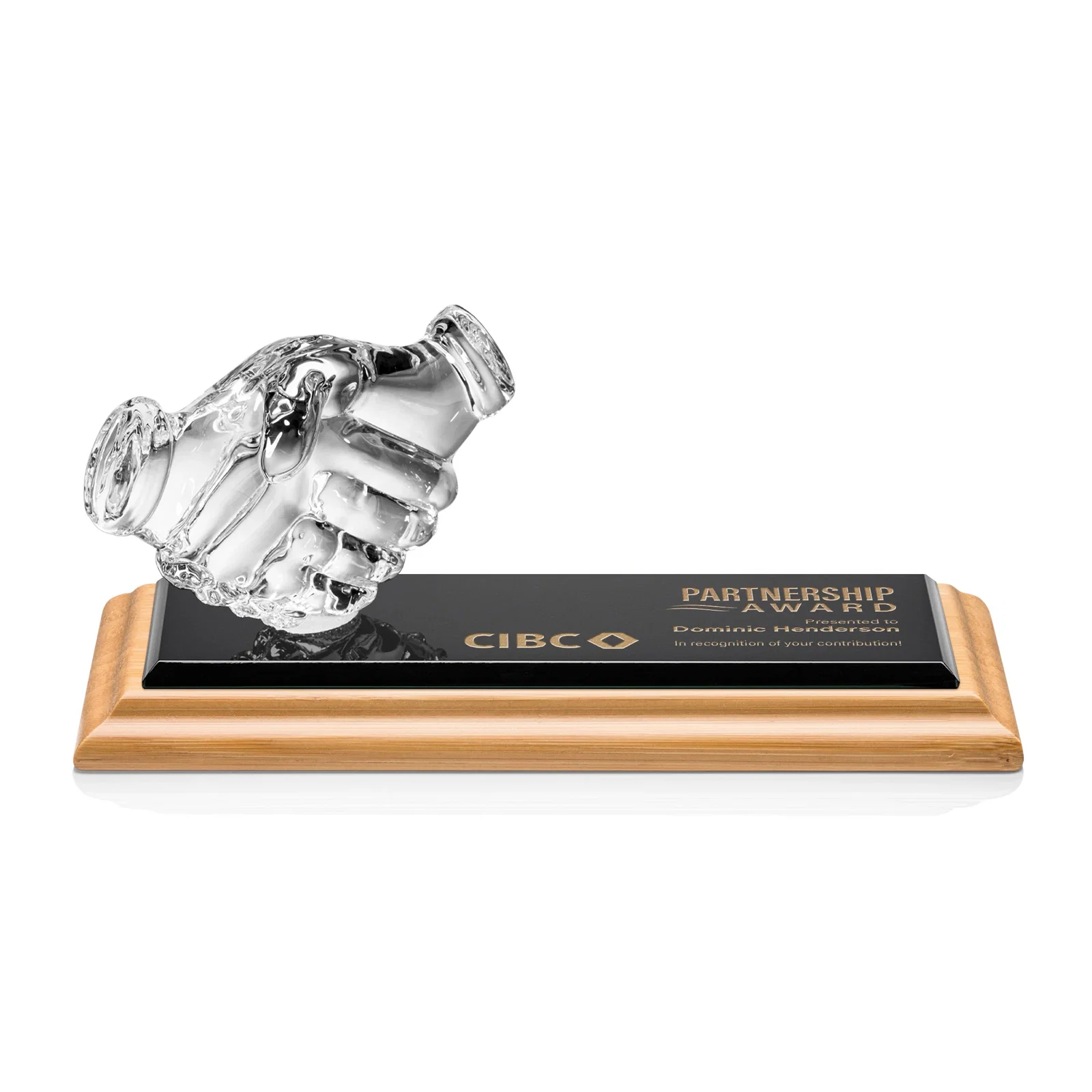 Custom Optical Crystal Award with a Molded Clasped-Hands Figure, desk awards for service anniversary gifts