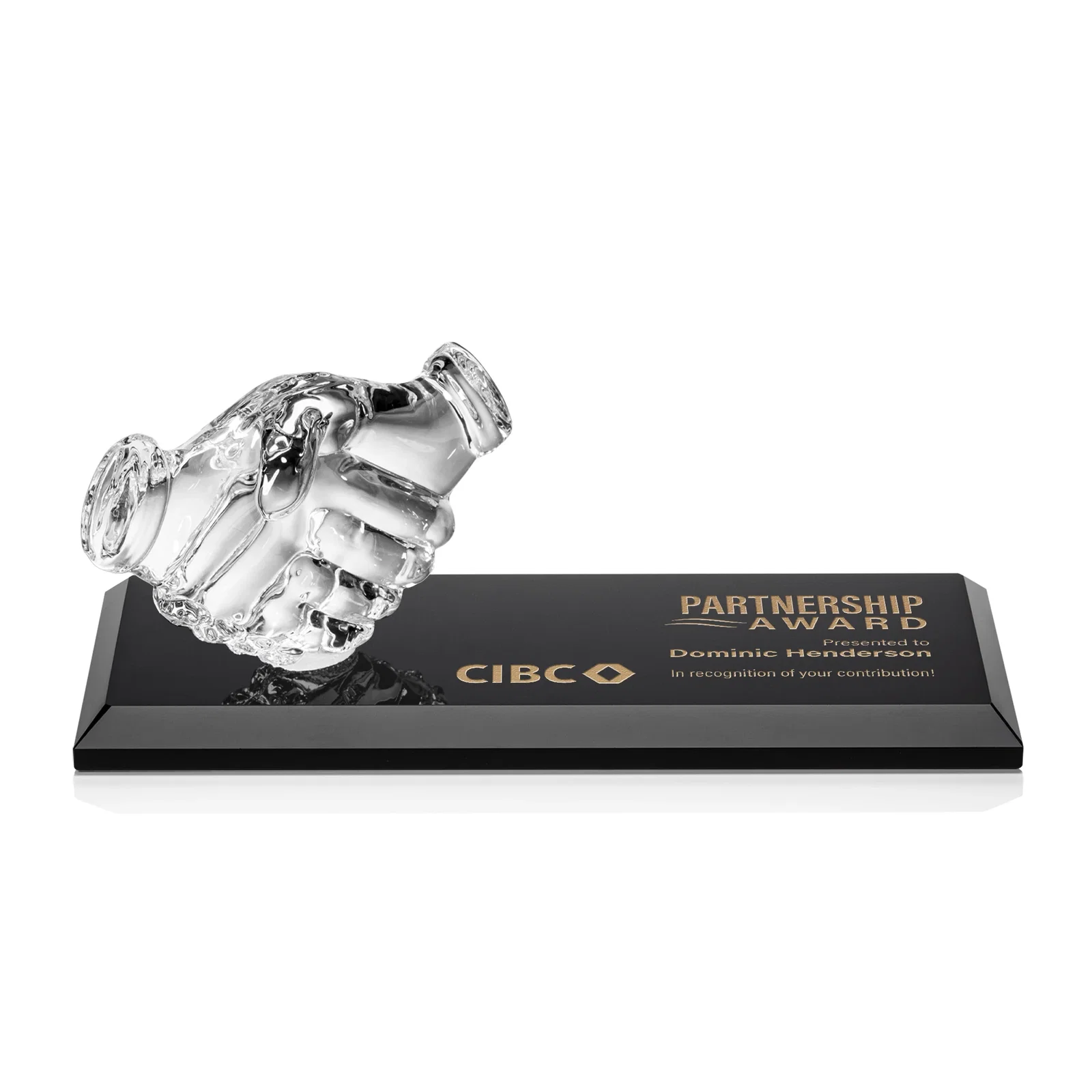 Custom Optical Crystal Award with a Molded Clasped-Hands Figure, desk awards for sales achievement awards