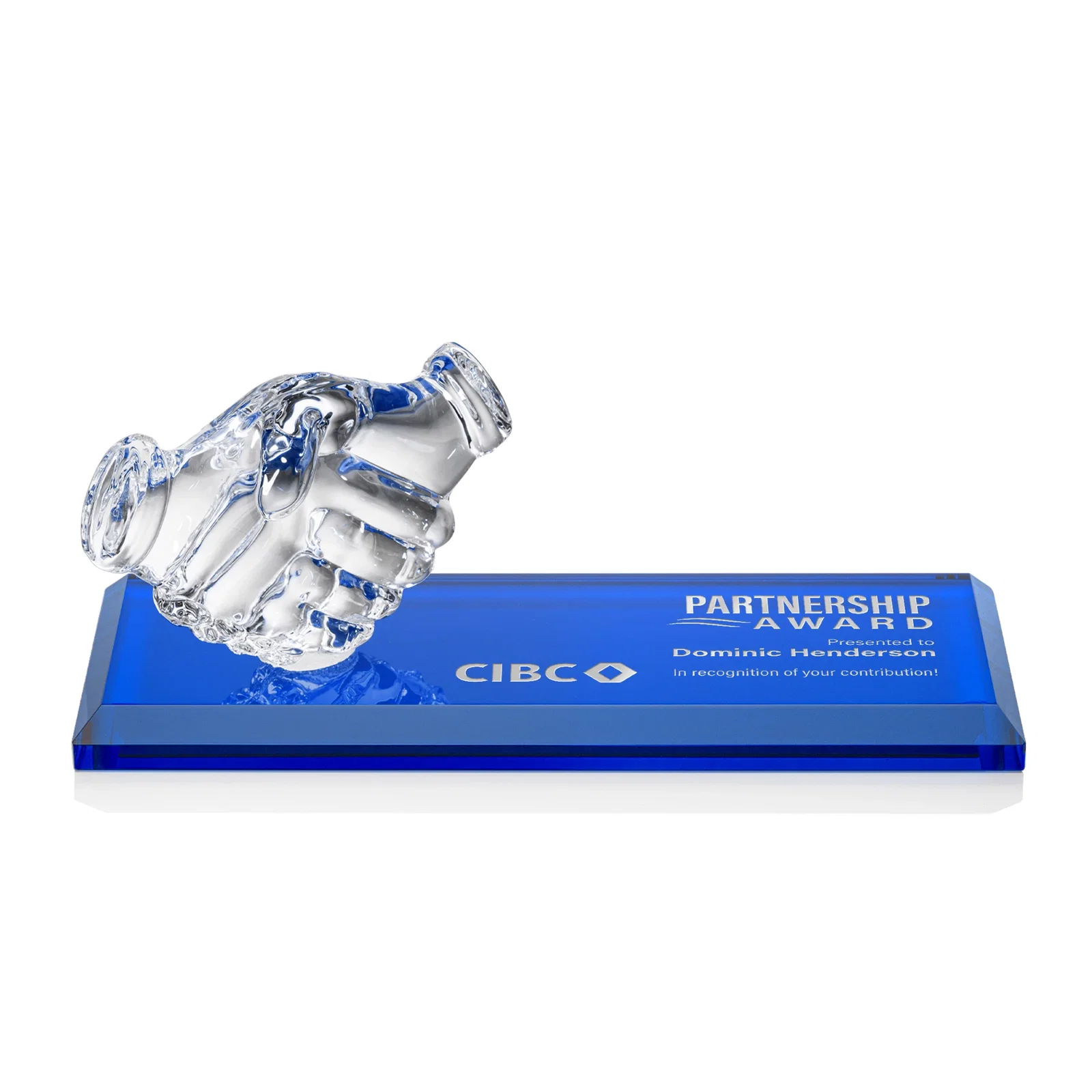 Custom Optical Crystal Award with a Molded Clasped-Hands Figure, desk awards for retirement presentations