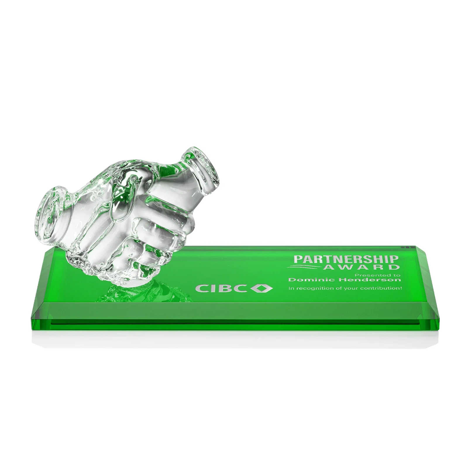 Custom Optical Crystal Award with a Molded Clasped-Hands Figure, desk awards for team milestone celebrations