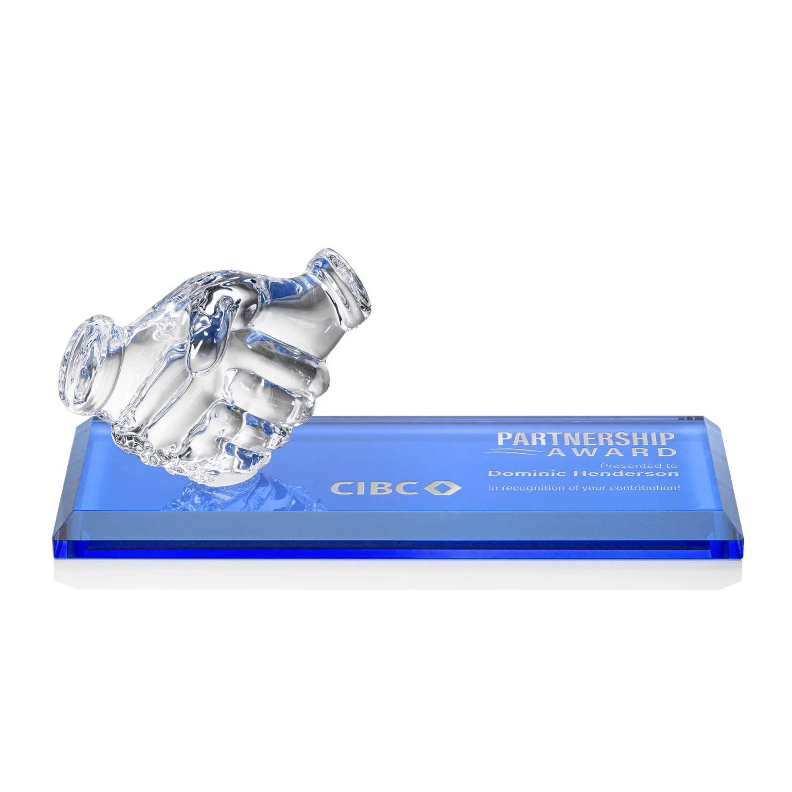 Custom Optical Crystal Award with a Molded Clasped-Hands Figure, desk awards for donor appreciation