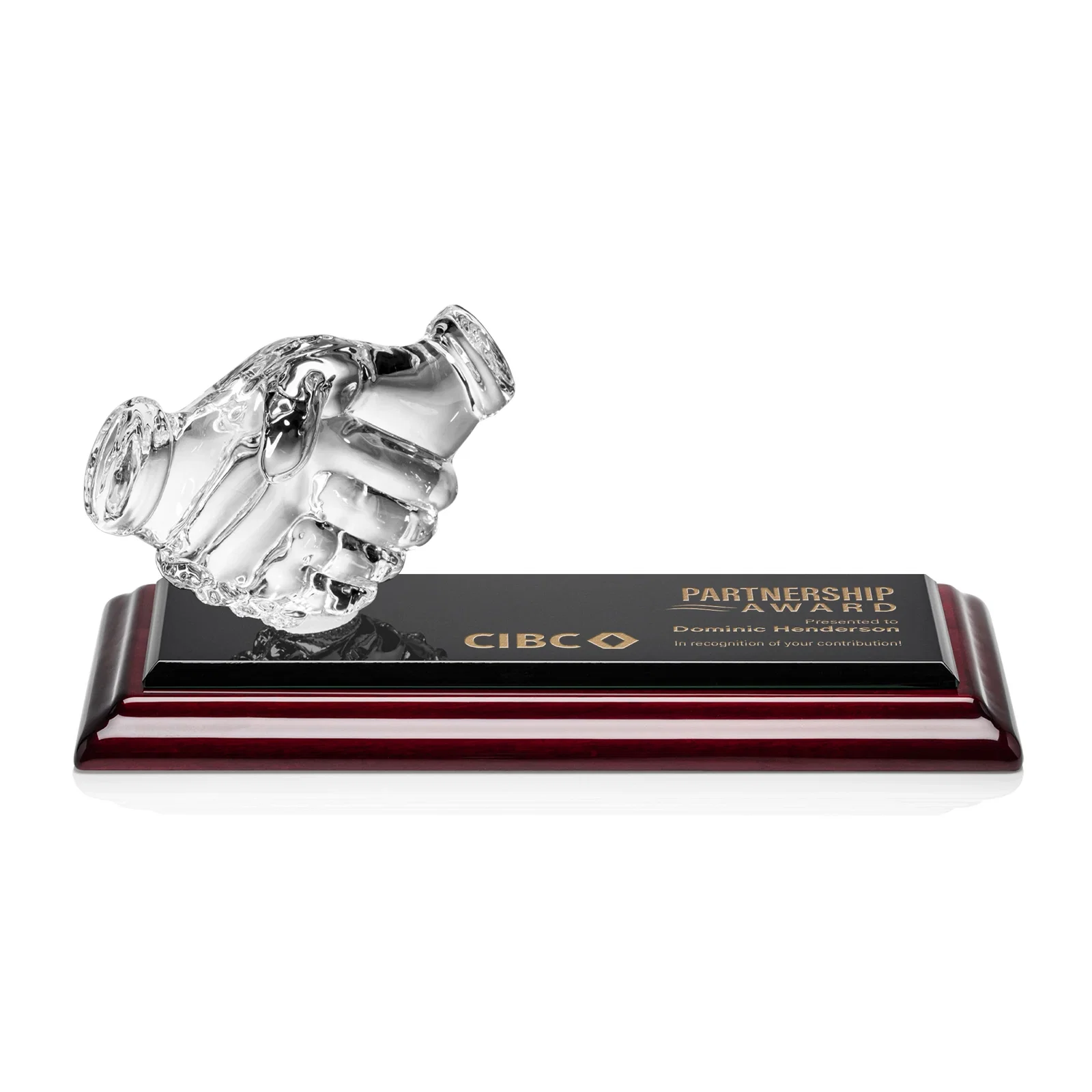 Custom Optical Crystal Award with a Molded Clasped-Hands Figure, desk awards for graduation ceremonies