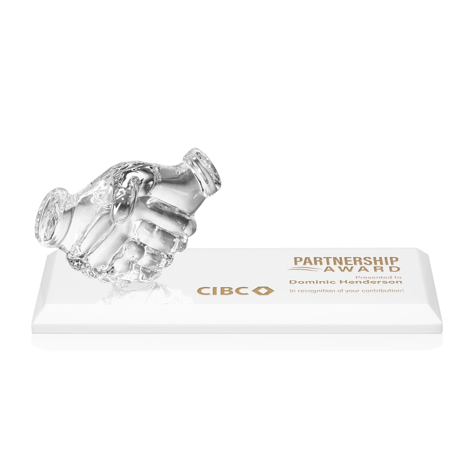 Custom Optical Crystal Award with a Molded Clasped-Hands Figure, desk awards for safety achievement programs