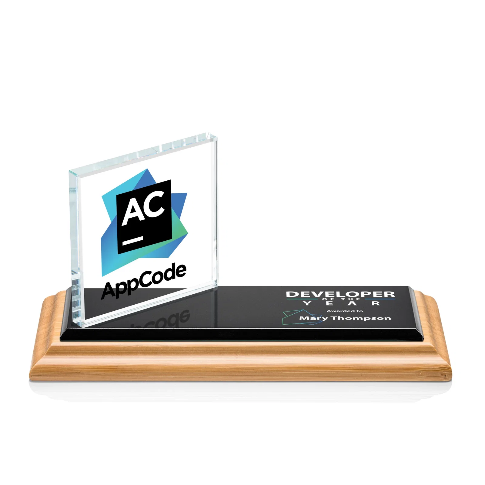 Custom Starfire Crystal Square Award on a Bamboo or Rosewood Base for service anniversary gifts
