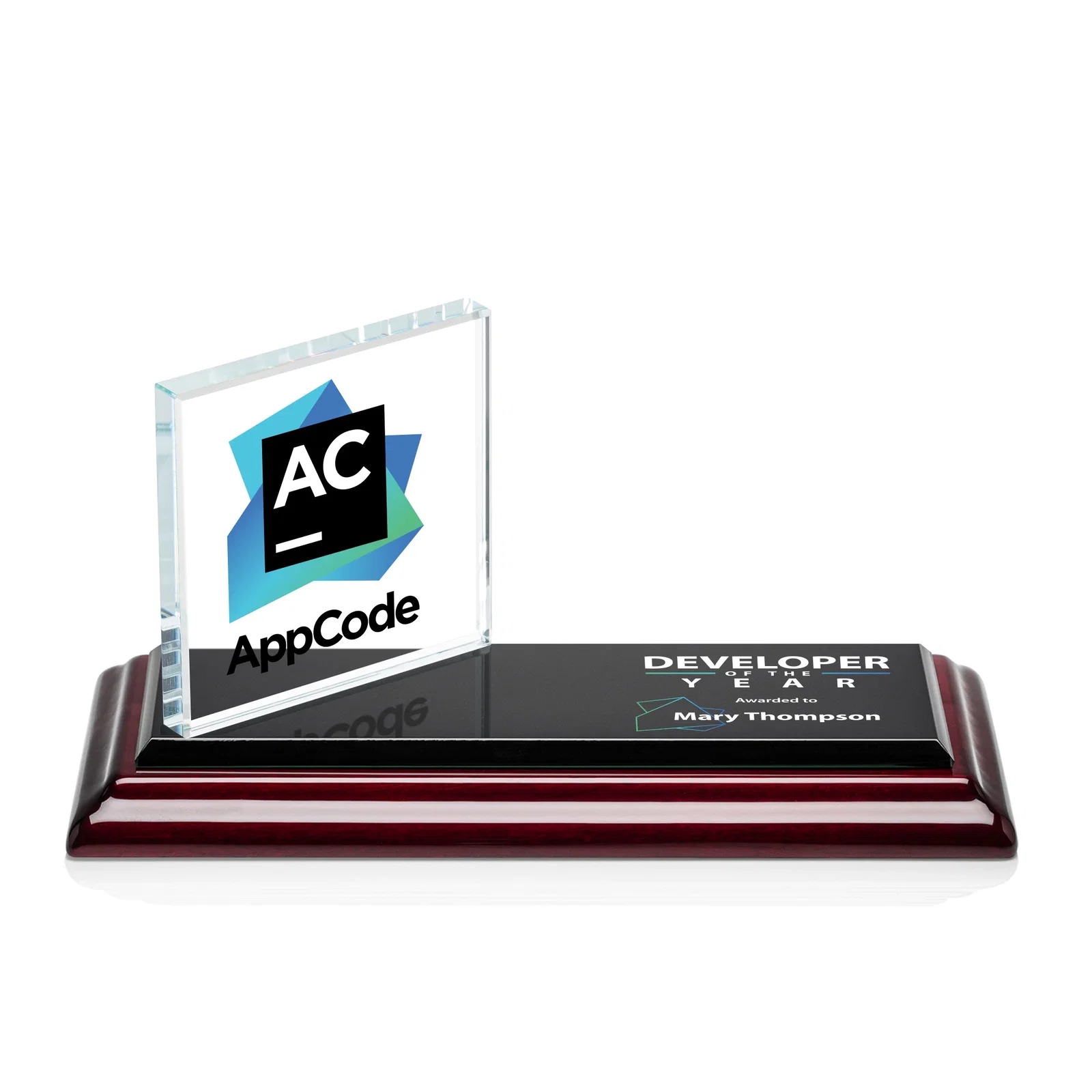 Custom Starfire Crystal Square Award on a Bamboo or Rosewood Base for sales achievement awards