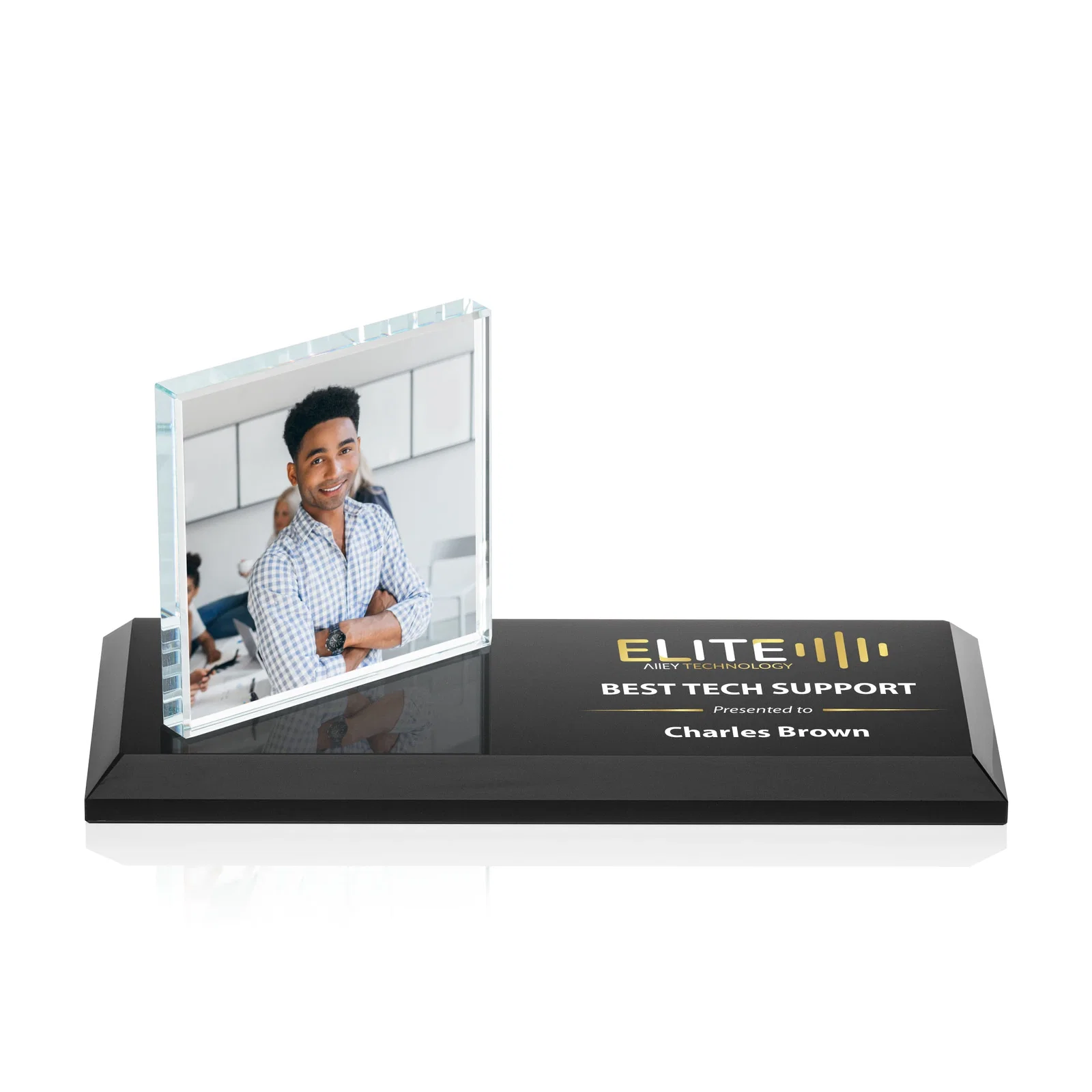 Custom Starfire Crystal Square Award on a Bamboo or Rosewood Base for retirement presentations