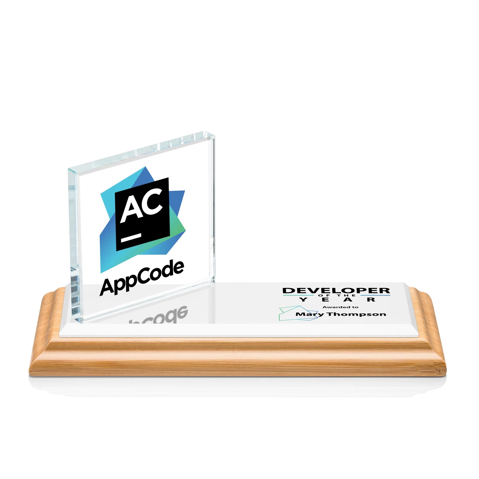 Custom Starfire Crystal Square Award on a Bamboo or Rosewood Base for safety achievement programs