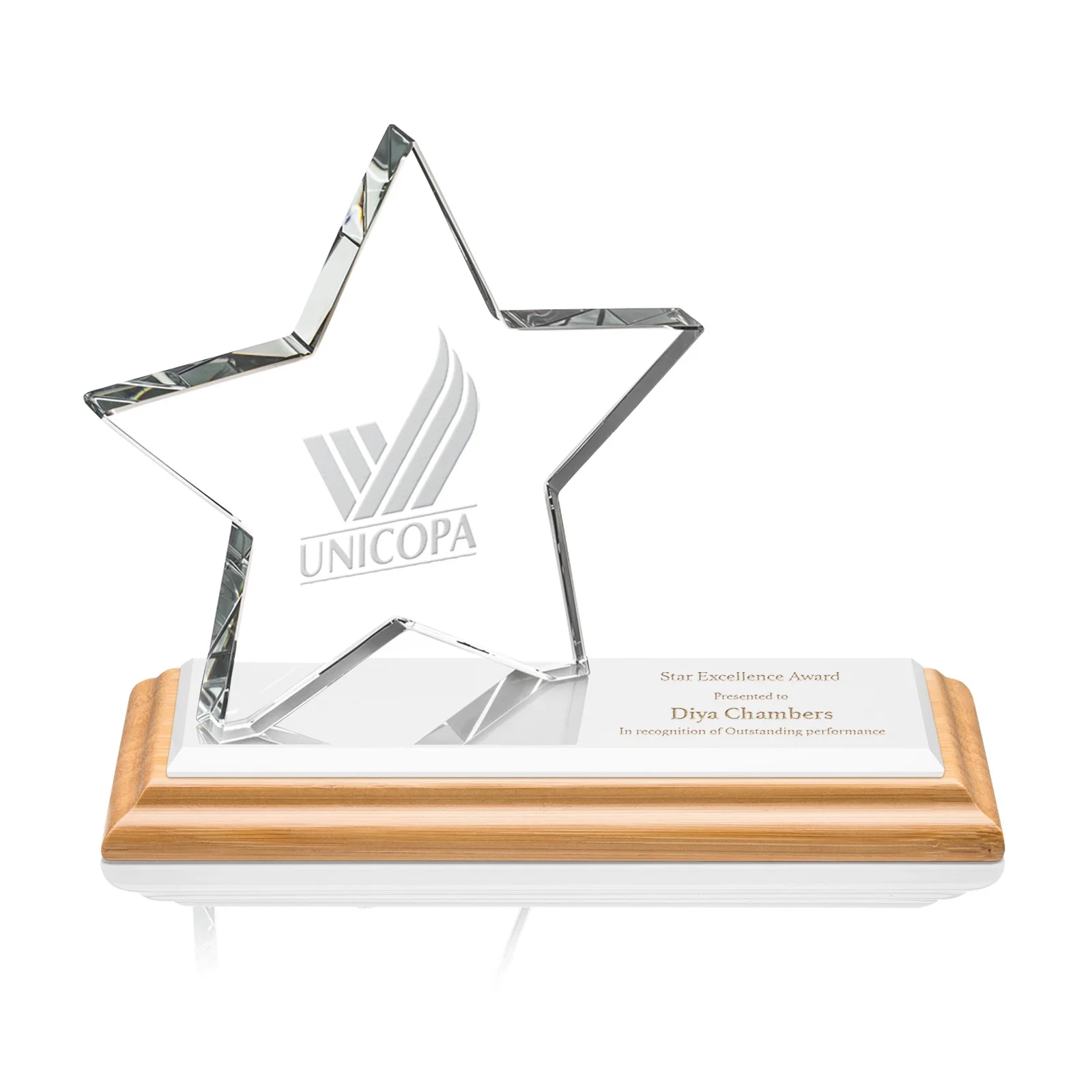 Custom Starfire Crystal Star Award with a Second Position on the Back, desk awards for volunteer appreciation