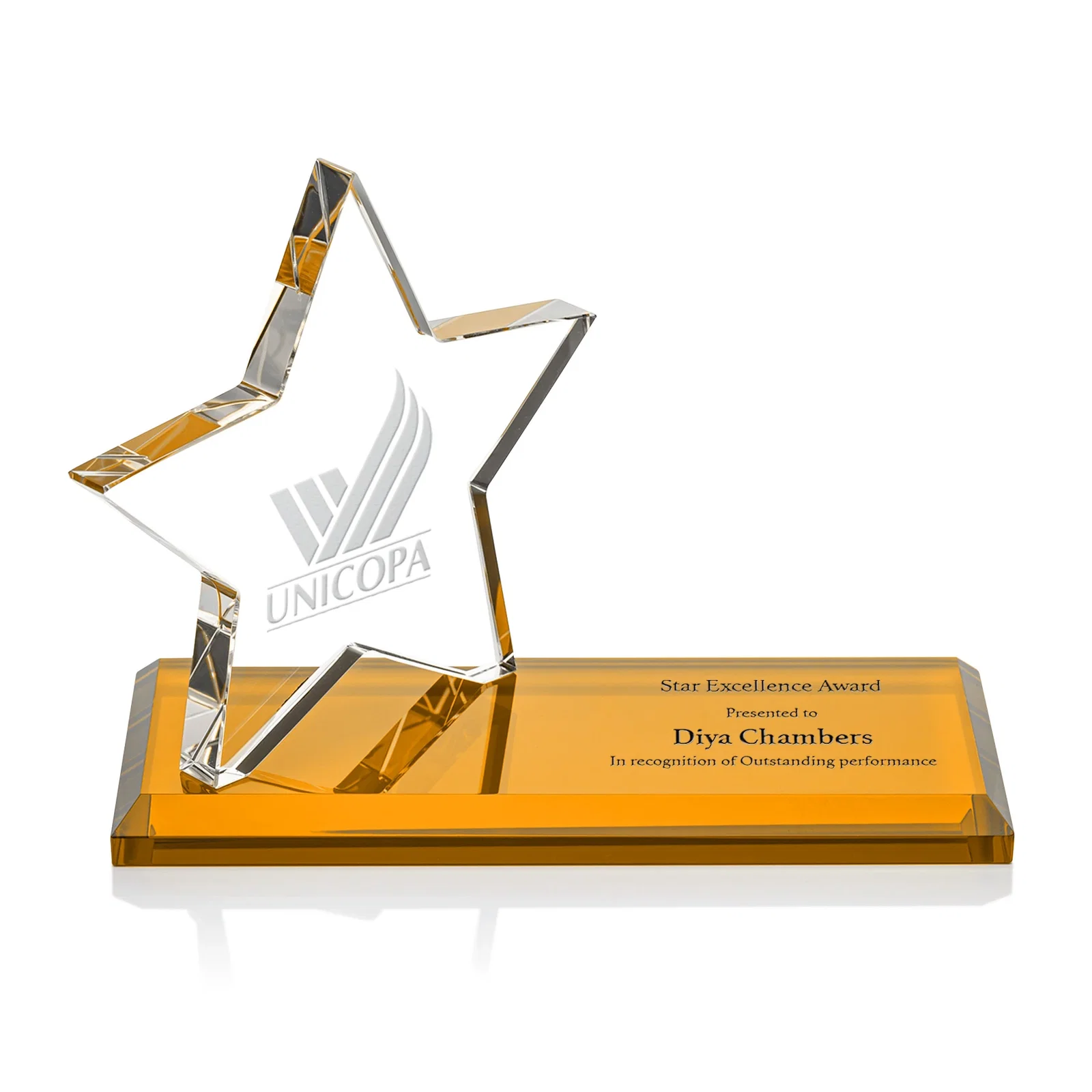 Custom Starfire Crystal Star Award with a Second Position on the Back, desk awards for dealer and partner awards