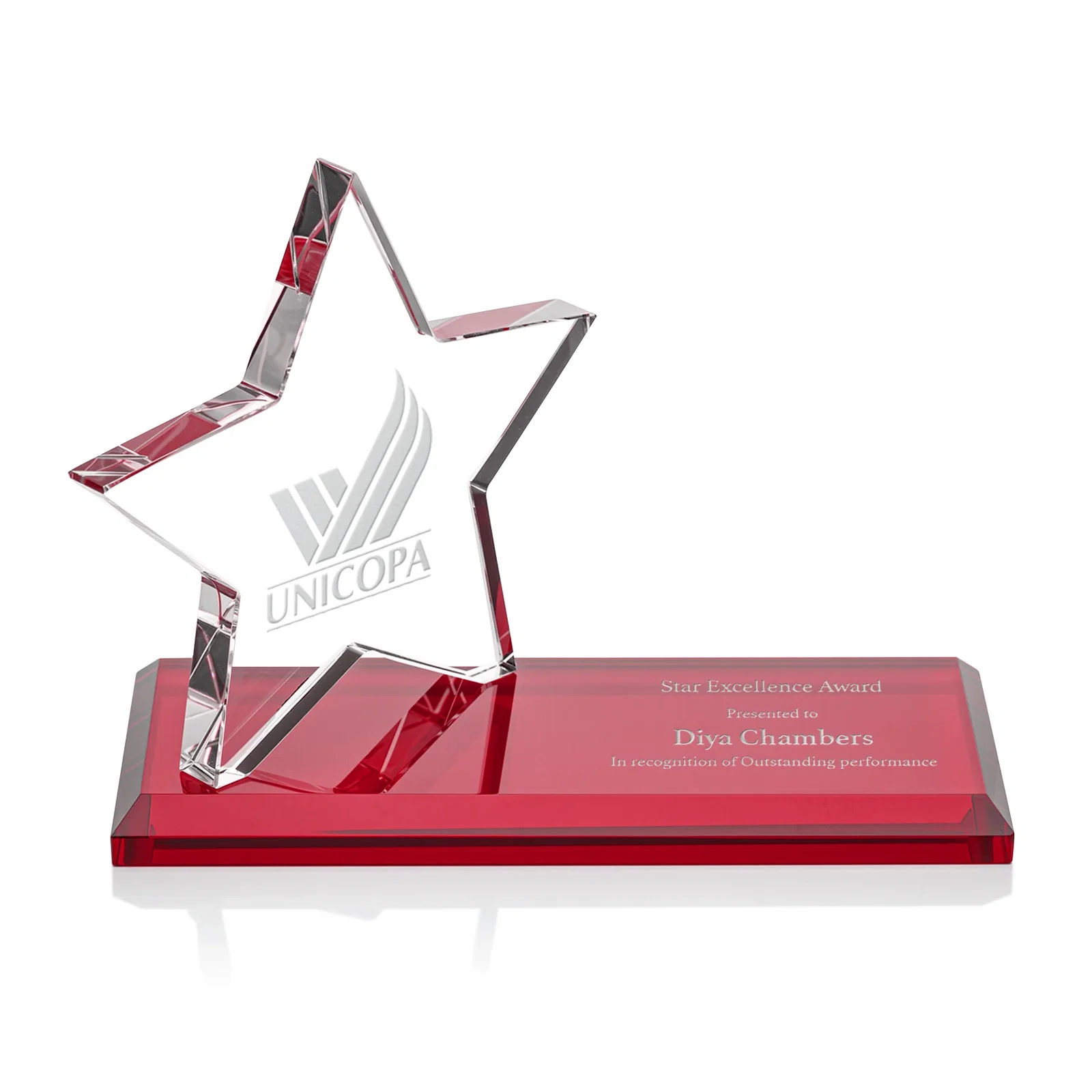 Custom Starfire Crystal Star Award with a Second Position on the Back, desk awards for company anniversary events