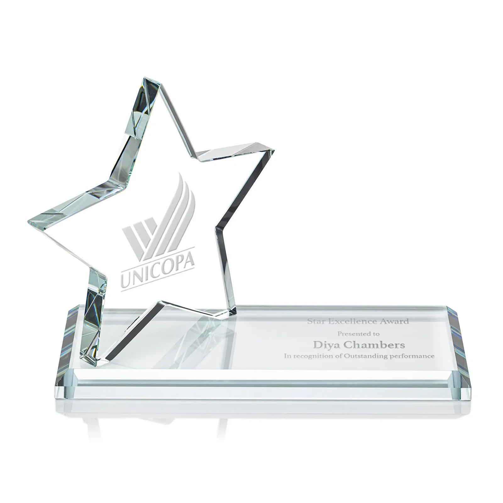 Custom Starfire Crystal Star Award with a Second Position on the Back, desk awards for corporate award ceremonies