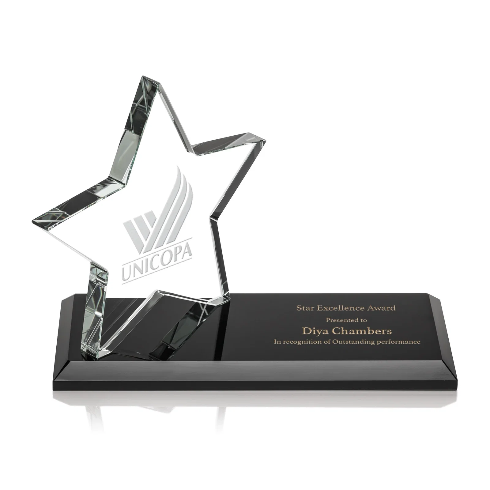 Custom Starfire Crystal Star Award with a Second Position on the Back, desk awards for service anniversary gifts