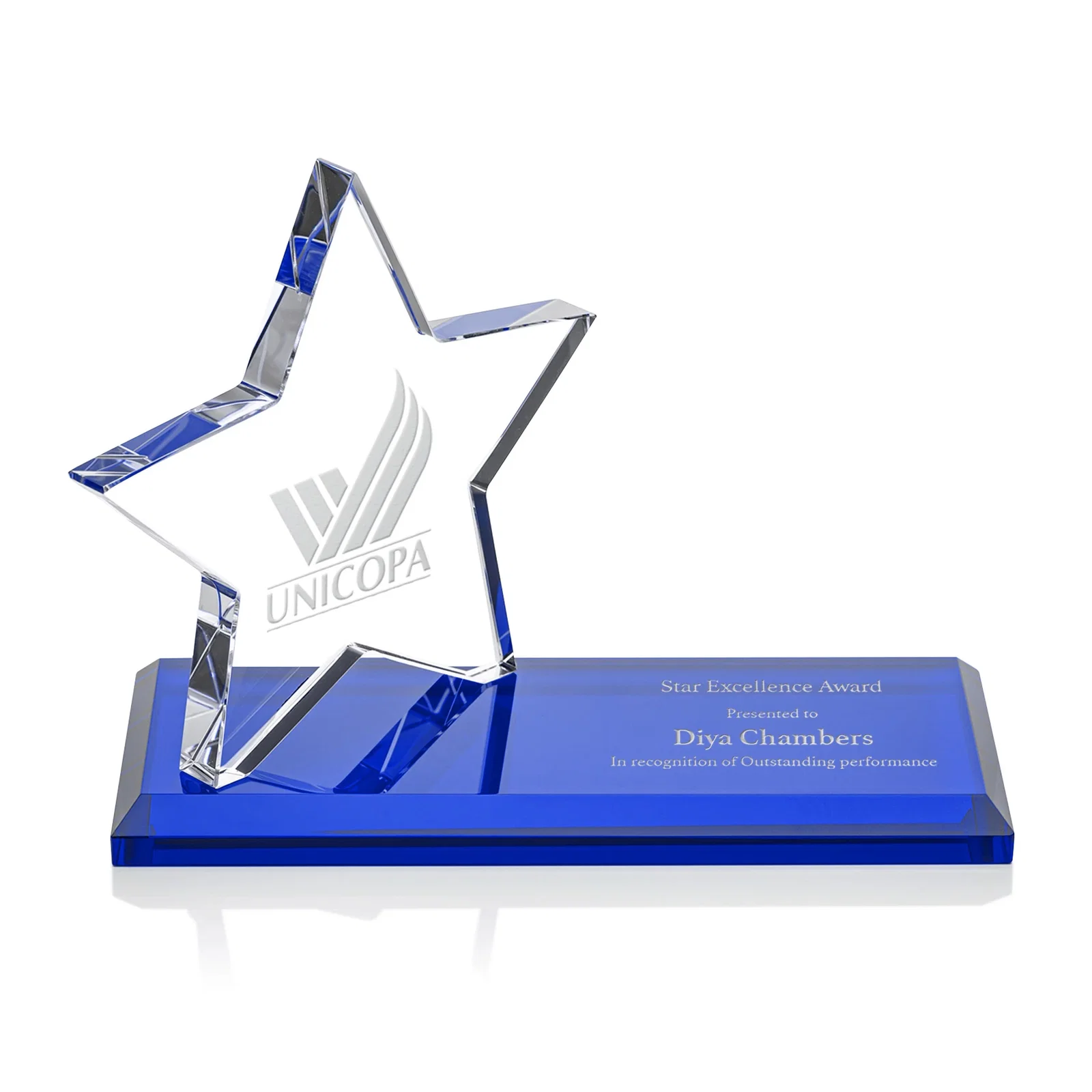 Custom Starfire Crystal Star Award with a Second Position on the Back, desk awards for sales achievement awards