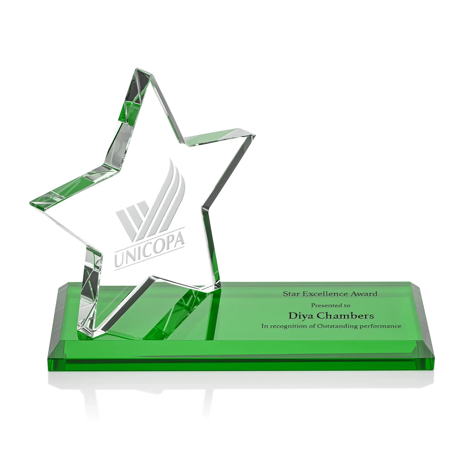 Custom Starfire Crystal Star Award with a Second Position on the Back, desk awards for retirement presentations