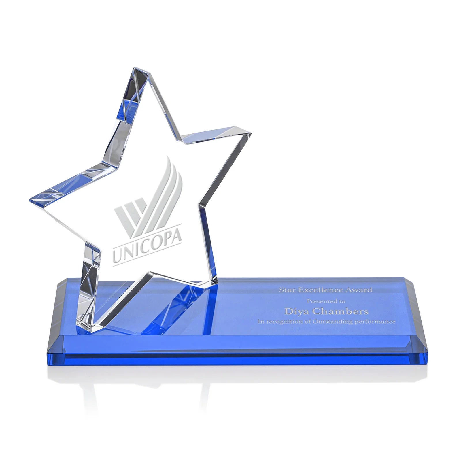 Custom Starfire Crystal Star Award with a Second Position on the Back, desk awards for team milestone celebrations