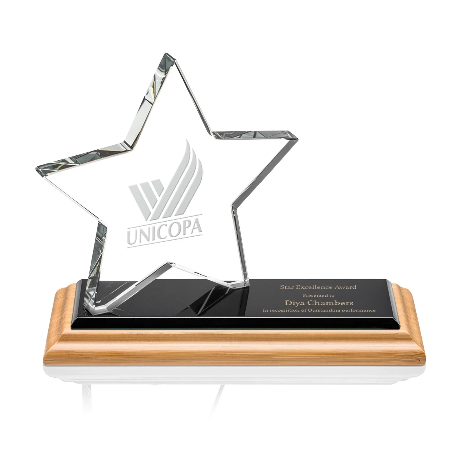 Custom Starfire Crystal Star Award with a Second Position on the Back, desk awards for donor appreciation