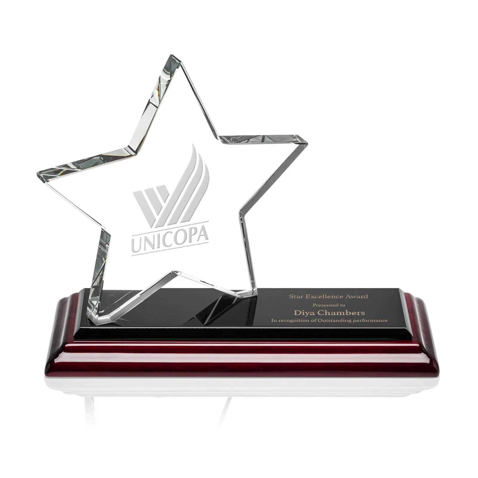 Custom Starfire Crystal Star Award with a Second Position on the Back, desk awards for graduation ceremonies