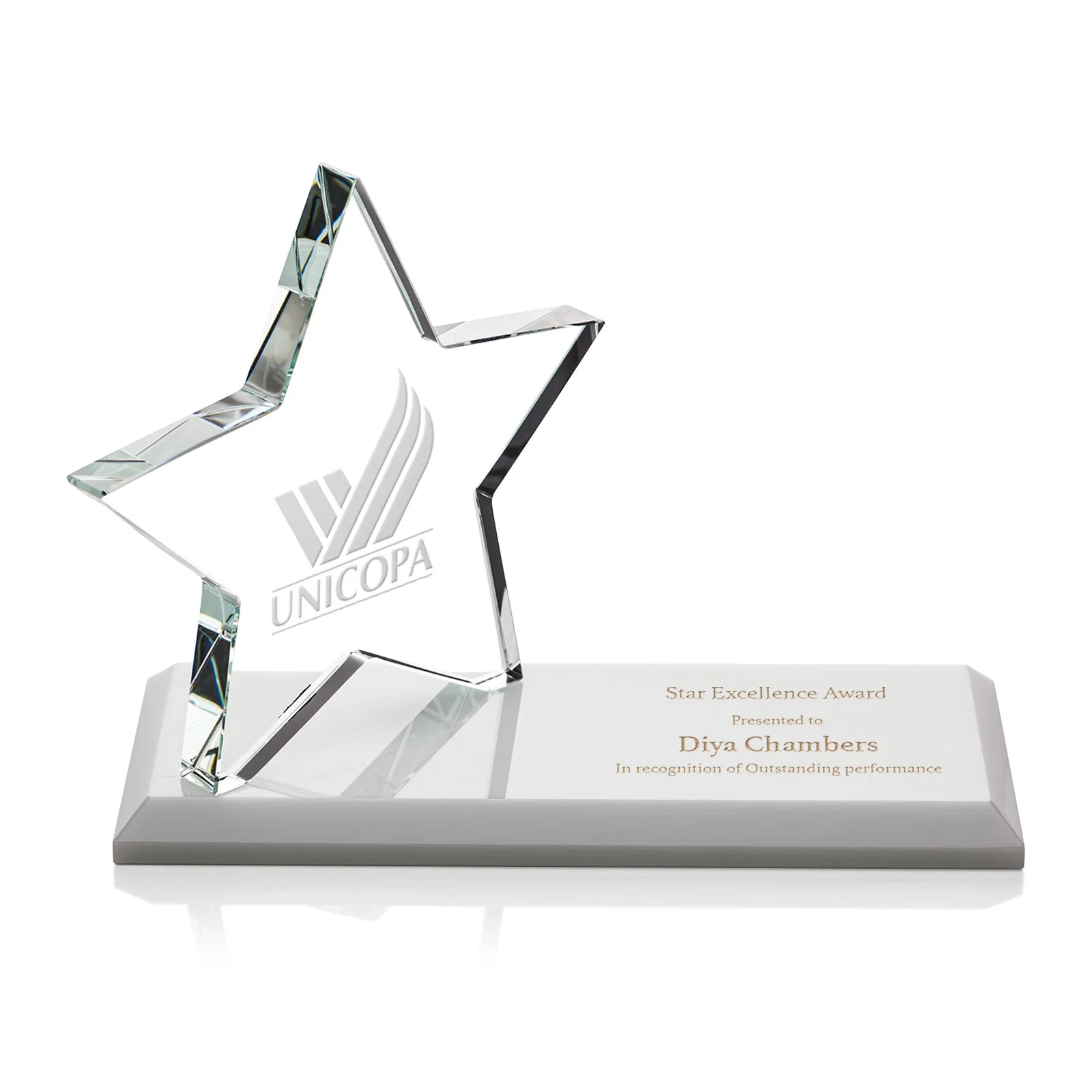 Custom Starfire Crystal Star Award with a Second Position on the Back, desk awards for safety achievement programs