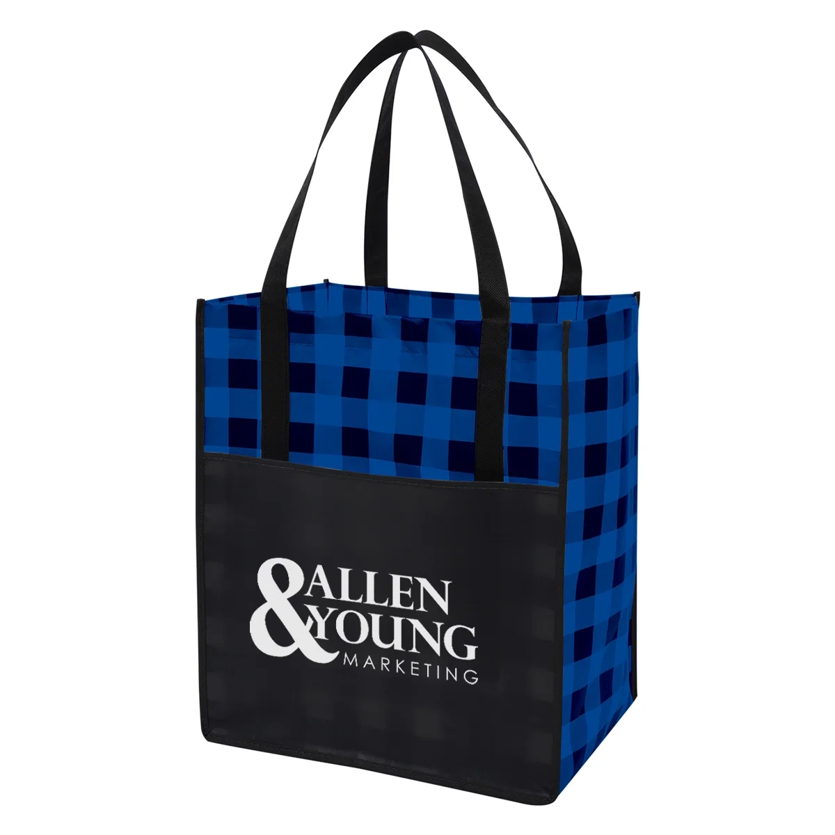 Black laminated tote accented with green trim and long handles