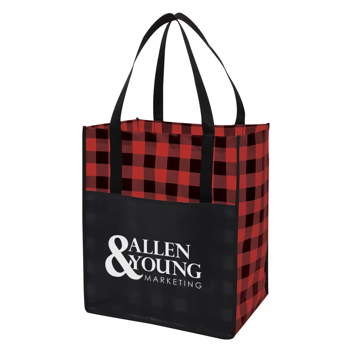 Laminated non-woven shopping bag in black with red accents