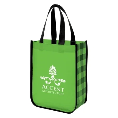 Laminated non woven tote standing almost twelve inches tall