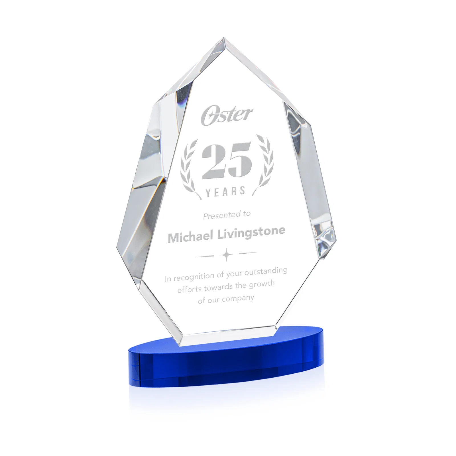 Personalized Extra-Thick Optical Crystal Award on an Oval Base, awards for company anniversary events