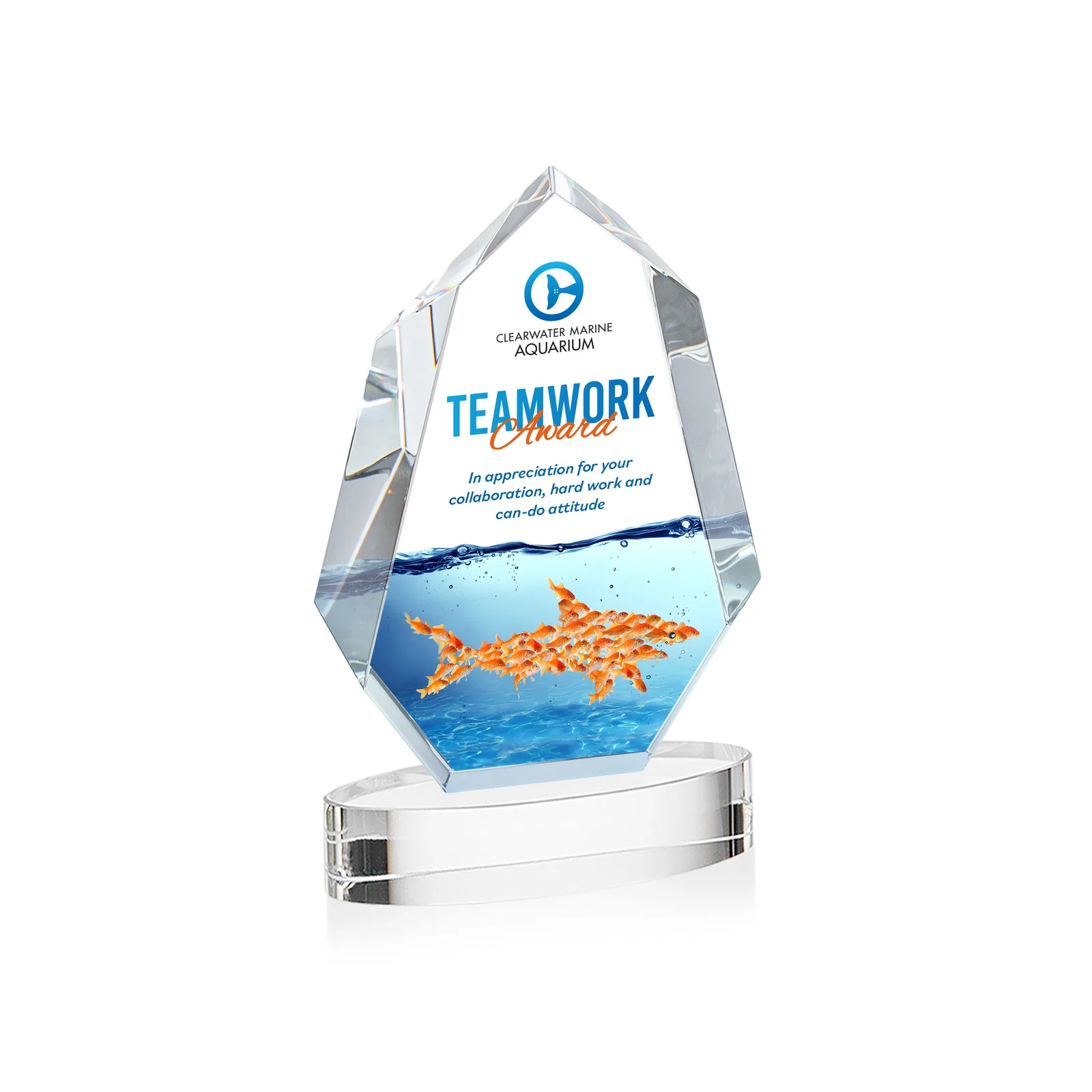 Branded Extra-Thick Optical Crystal Award on an Oval Base, awards for corporate award ceremonies