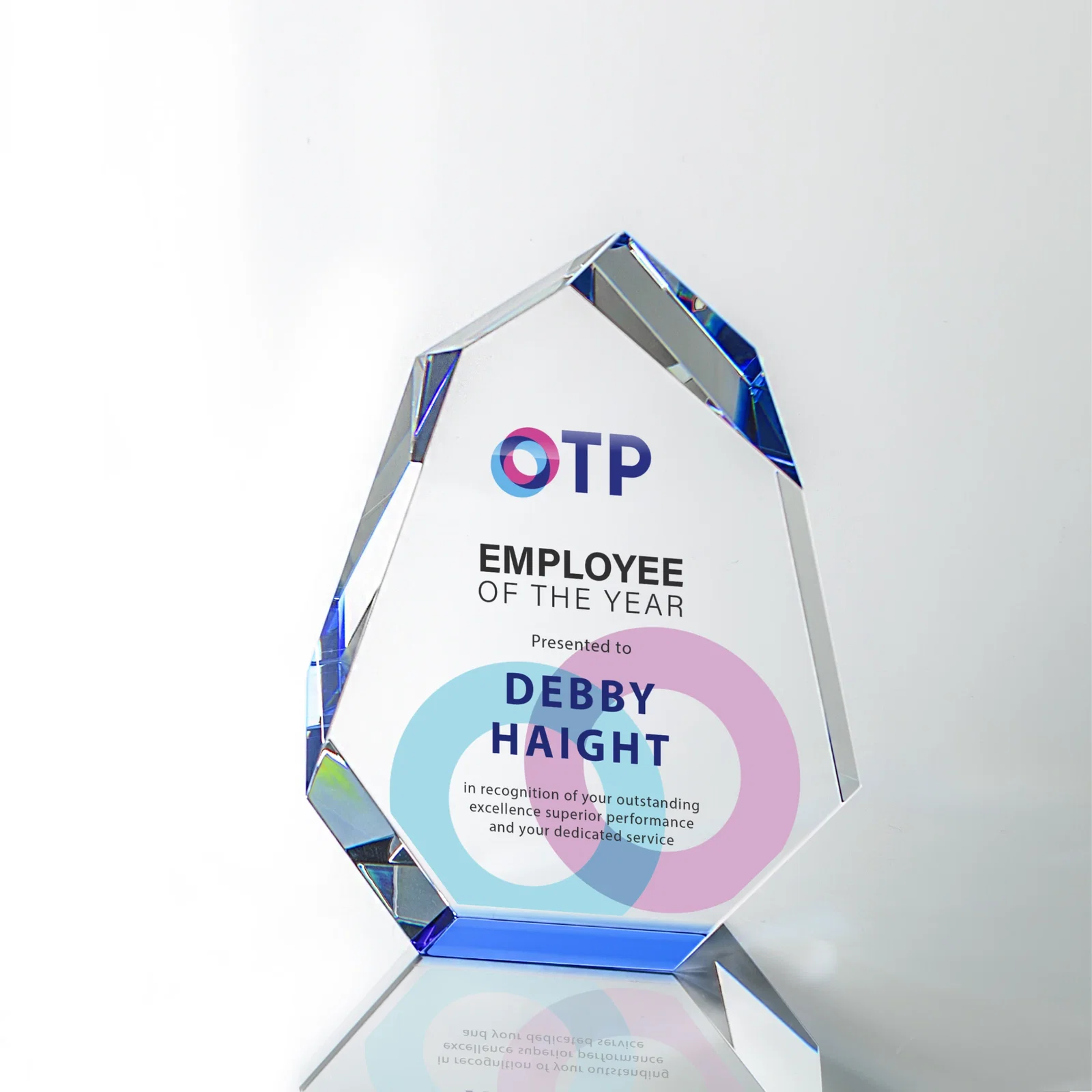 Custom Interchanging-Bevel Optical Crystal Award With Sapphire Base, awards for volunteer appreciation
