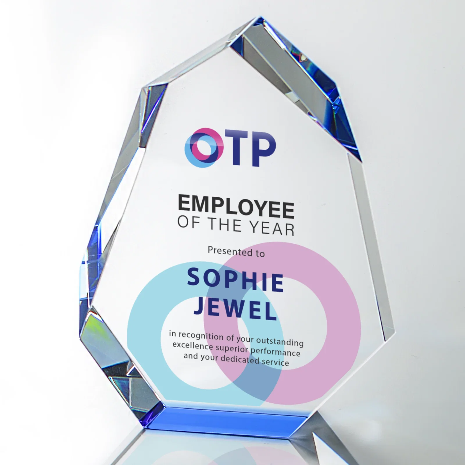 Custom Interchanging-Bevel Optical Crystal Award With Sapphire Base, awards for company anniversary events