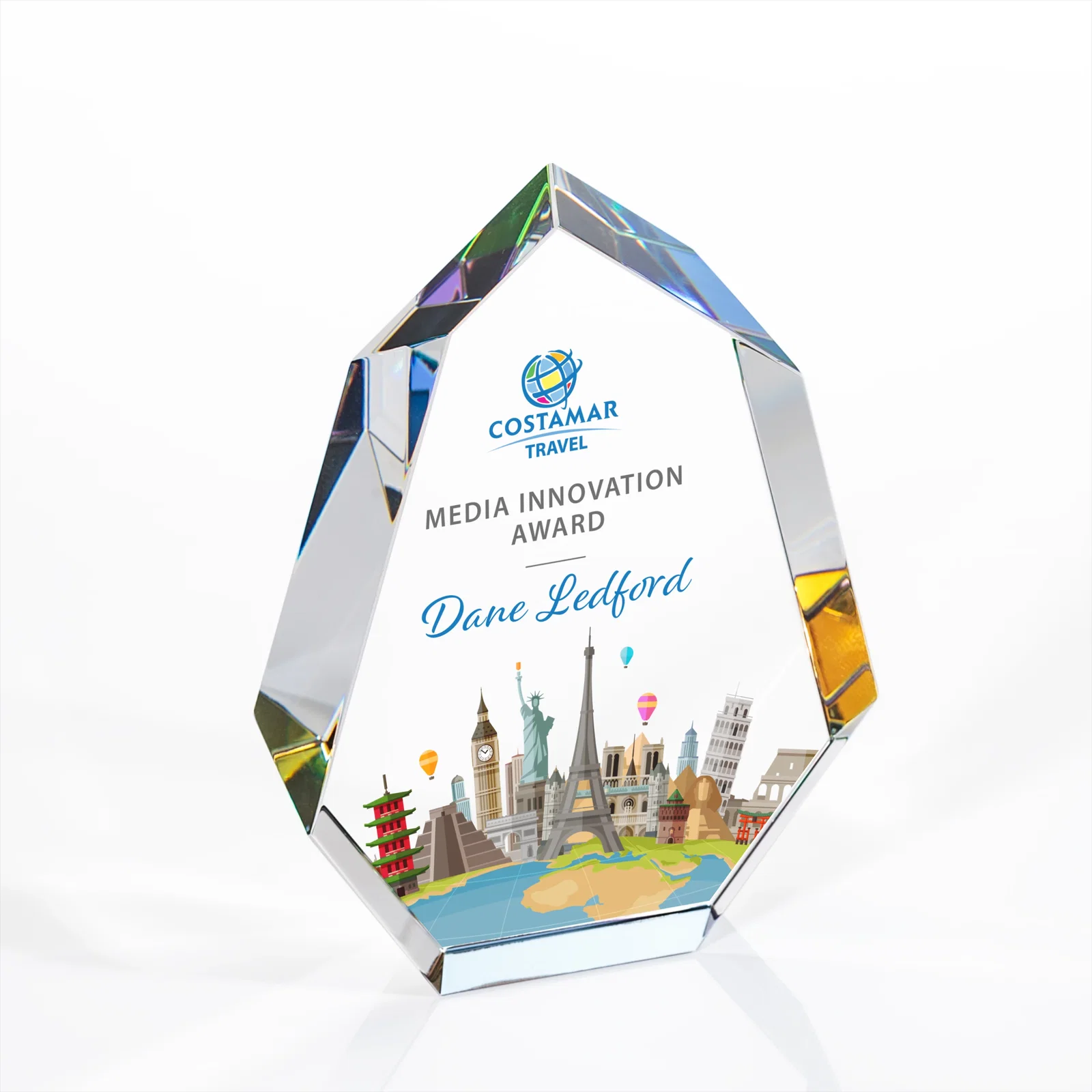 Personalized Interchanging-Bevel Optical Crystal Award With Sapphire Base, awards for corporate award ceremonies