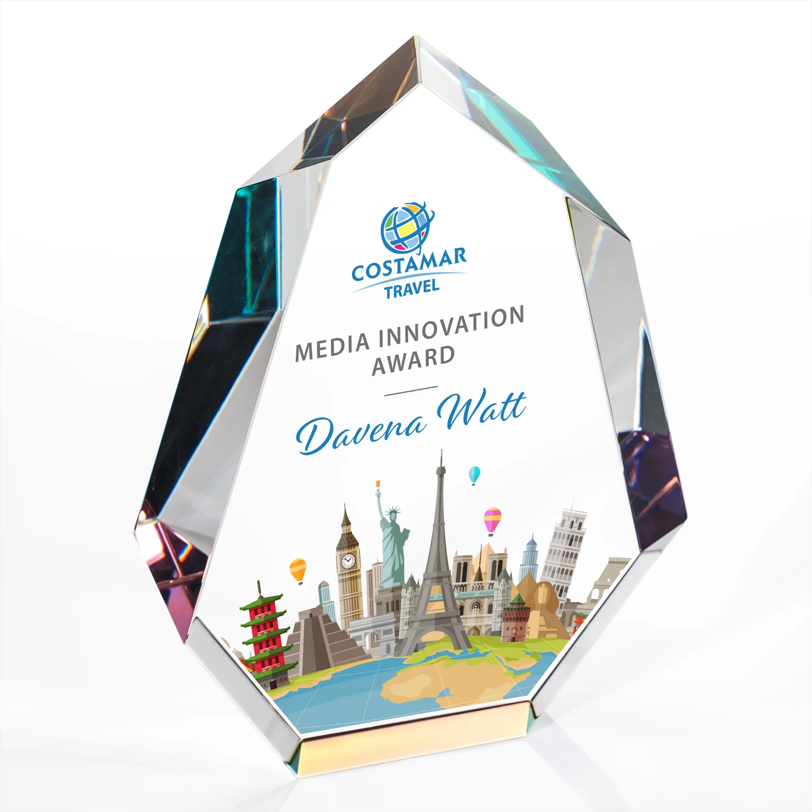 Personalized Interchanging-Bevel Optical Crystal Award With Sapphire Base, awards for sales achievement awards