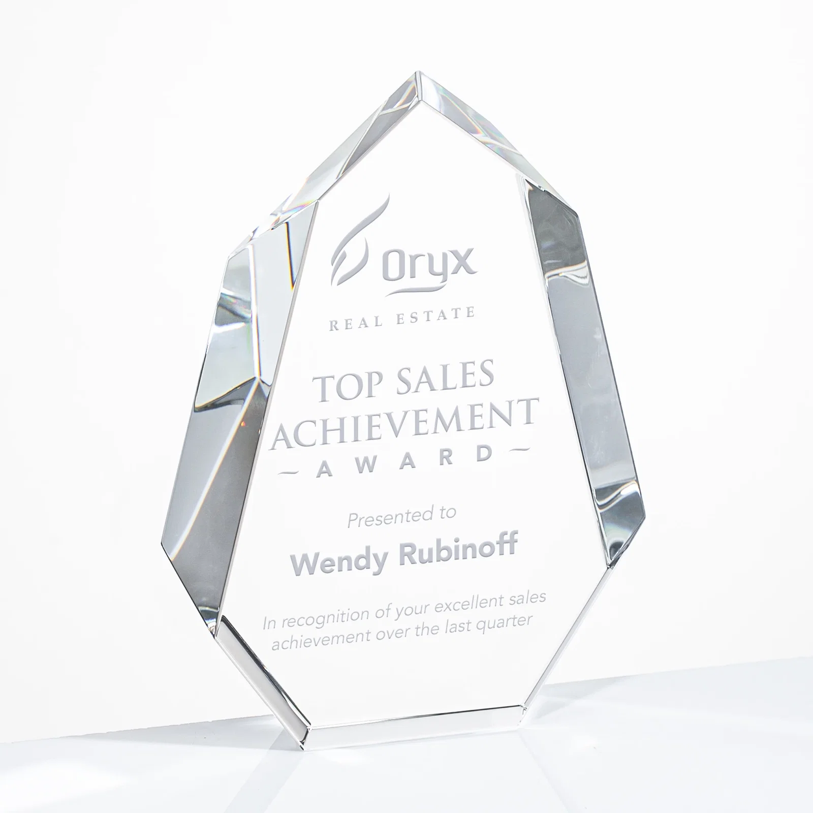 Personalized Interchanging-Bevel Optical Crystal Award With Sapphire Base, awards for donor appreciation