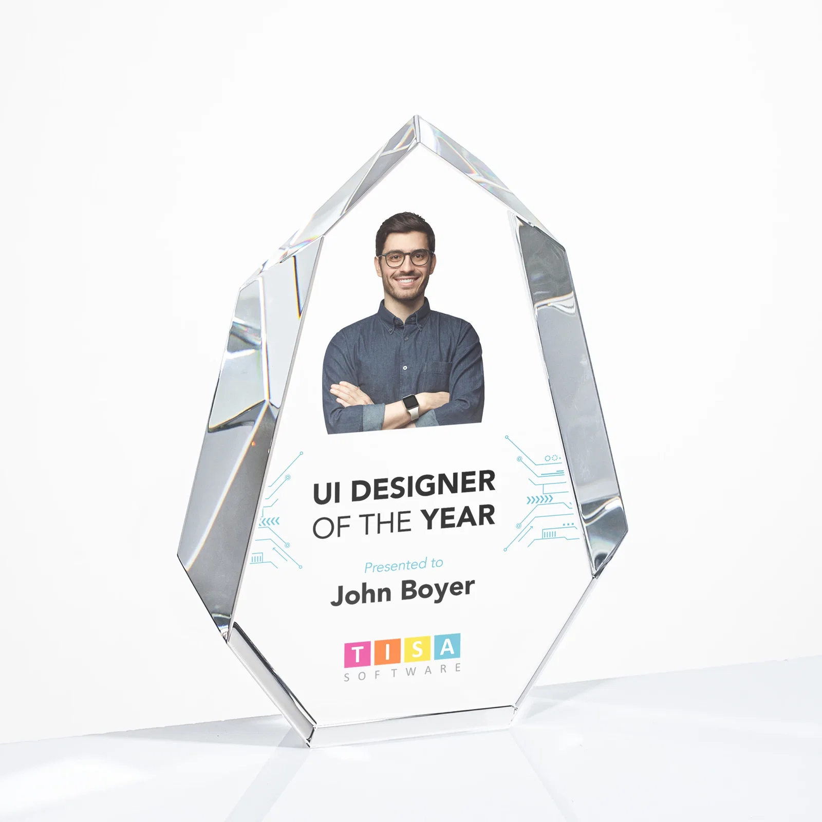 Personalized Interchanging-Bevel Optical Crystal Award With Sapphire Base, awards for volunteer appreciation