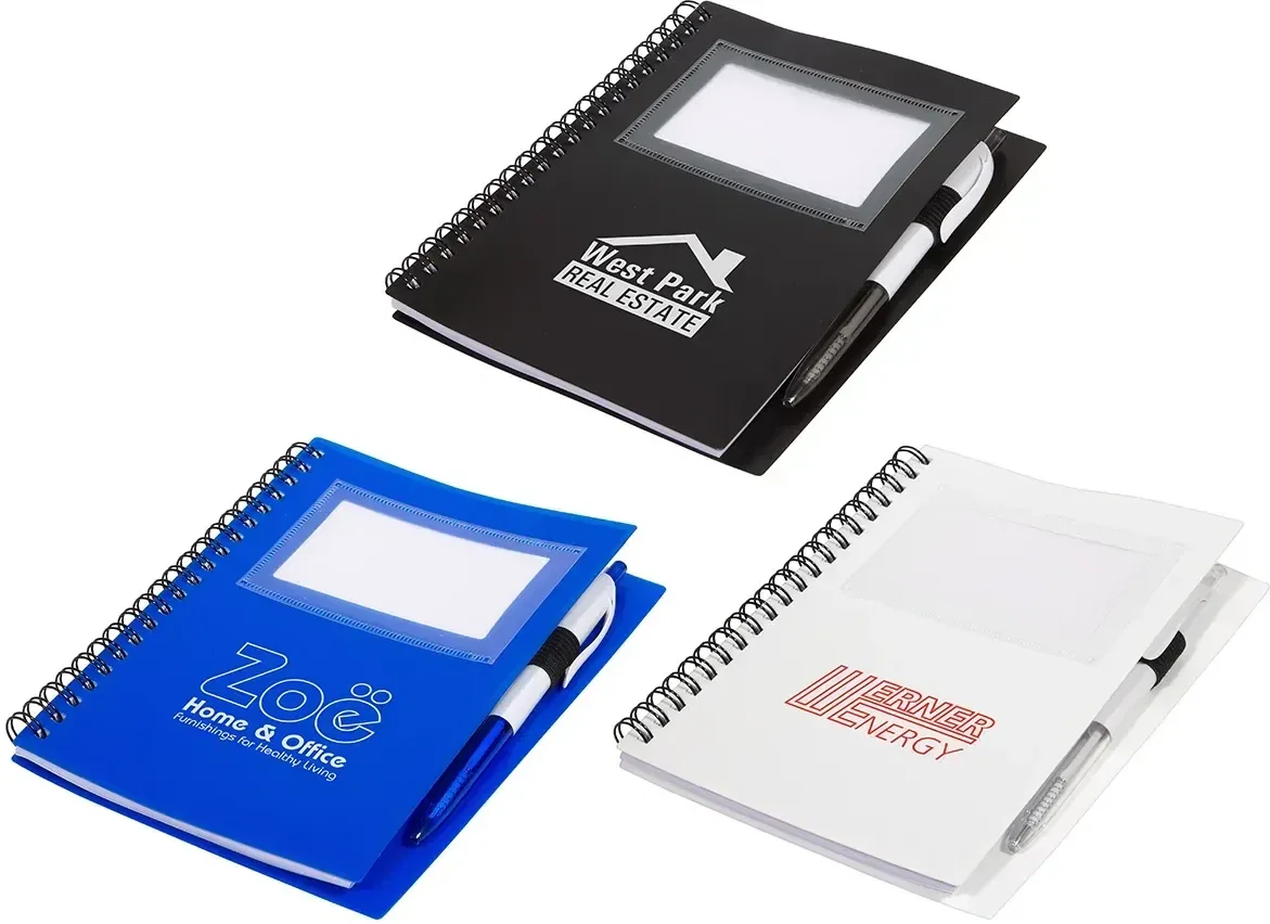 Custom branded Note-It spiral memo book, front cover of the promotional memo book with logo space