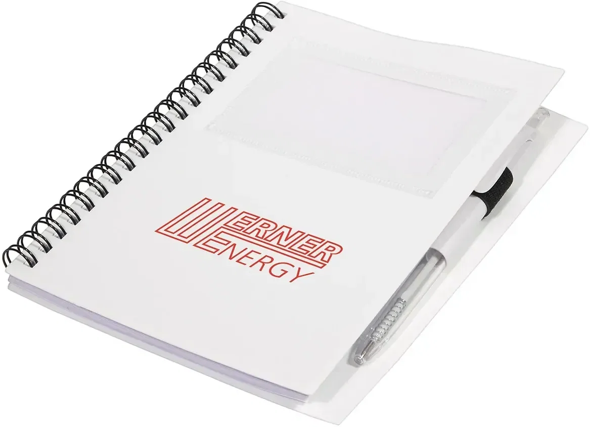 Angled view of the promotional Note-It spiral memo book folded flat, custom branded desk notebook