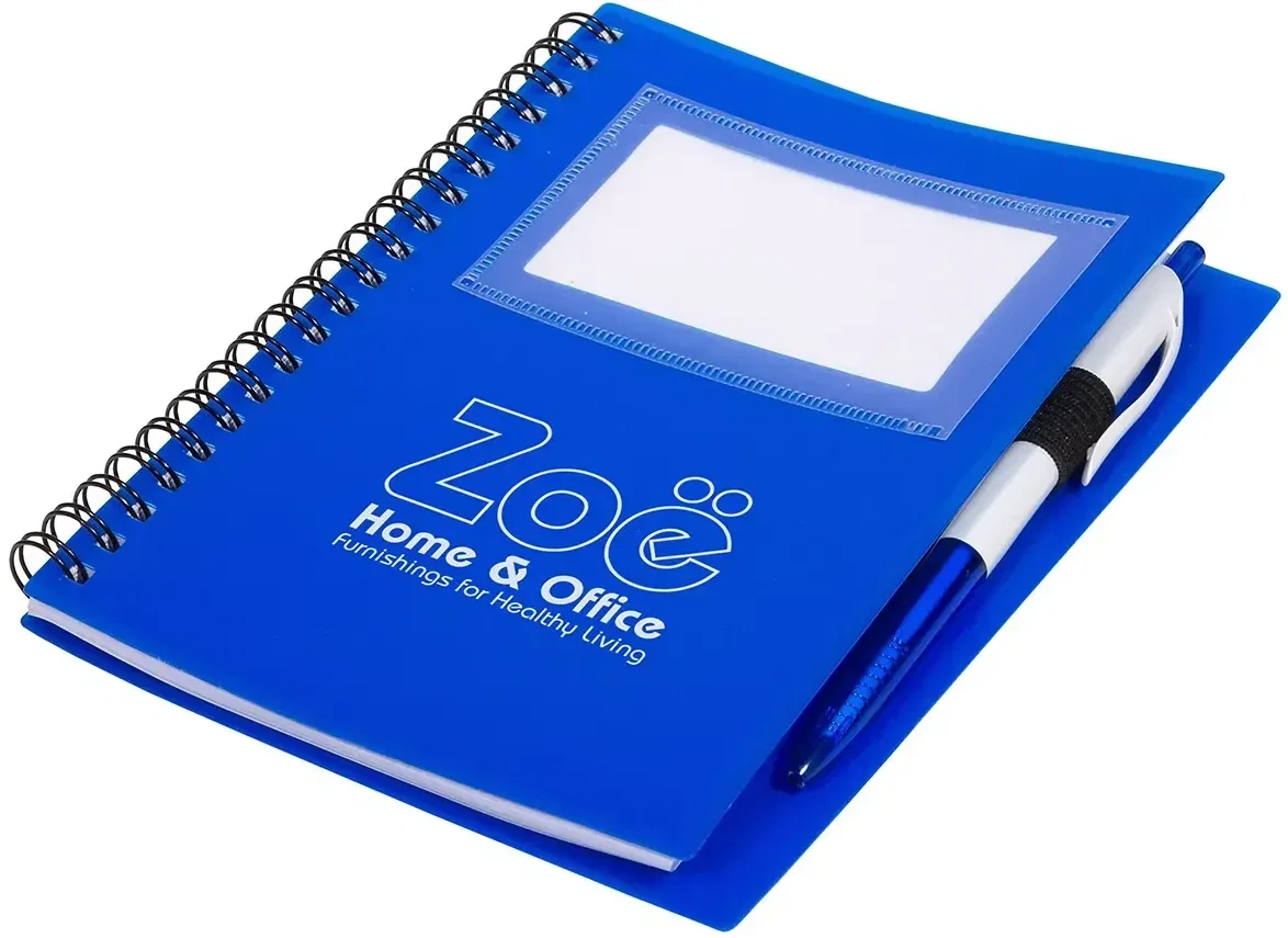 Close-up of the branded Note-It memo book spiral binding, custom promotional pocket notebook detail