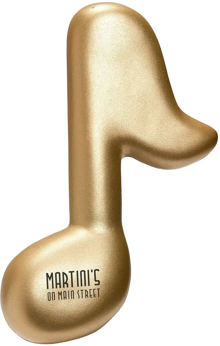 Musical note-shaped promotional stress ball for custom logo branding, front view