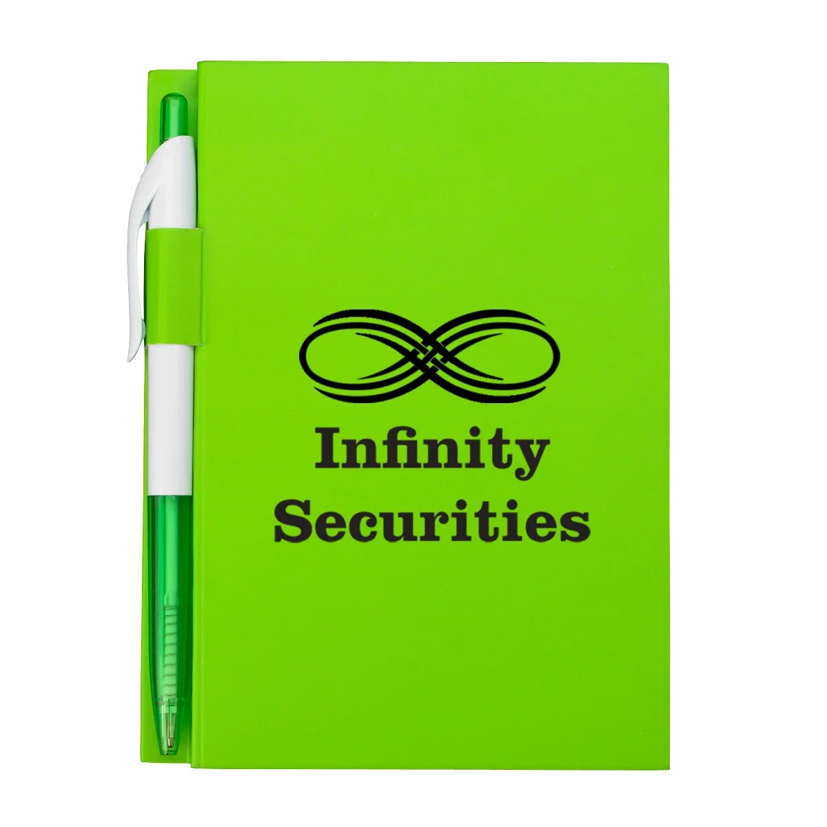 Notebook paired with a matching pen held along the spine