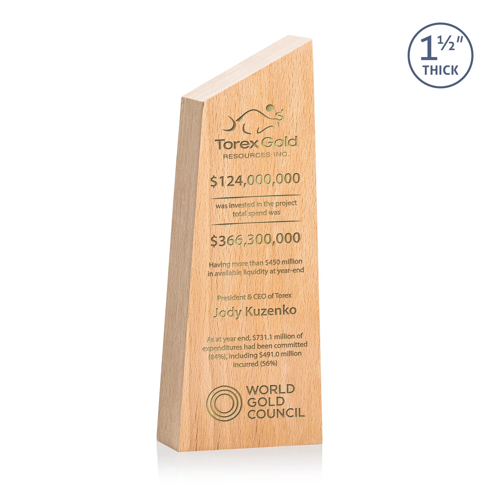 Custom Thick Freestanding Beechwood Award with Slanted Peak Top for volunteer appreciation