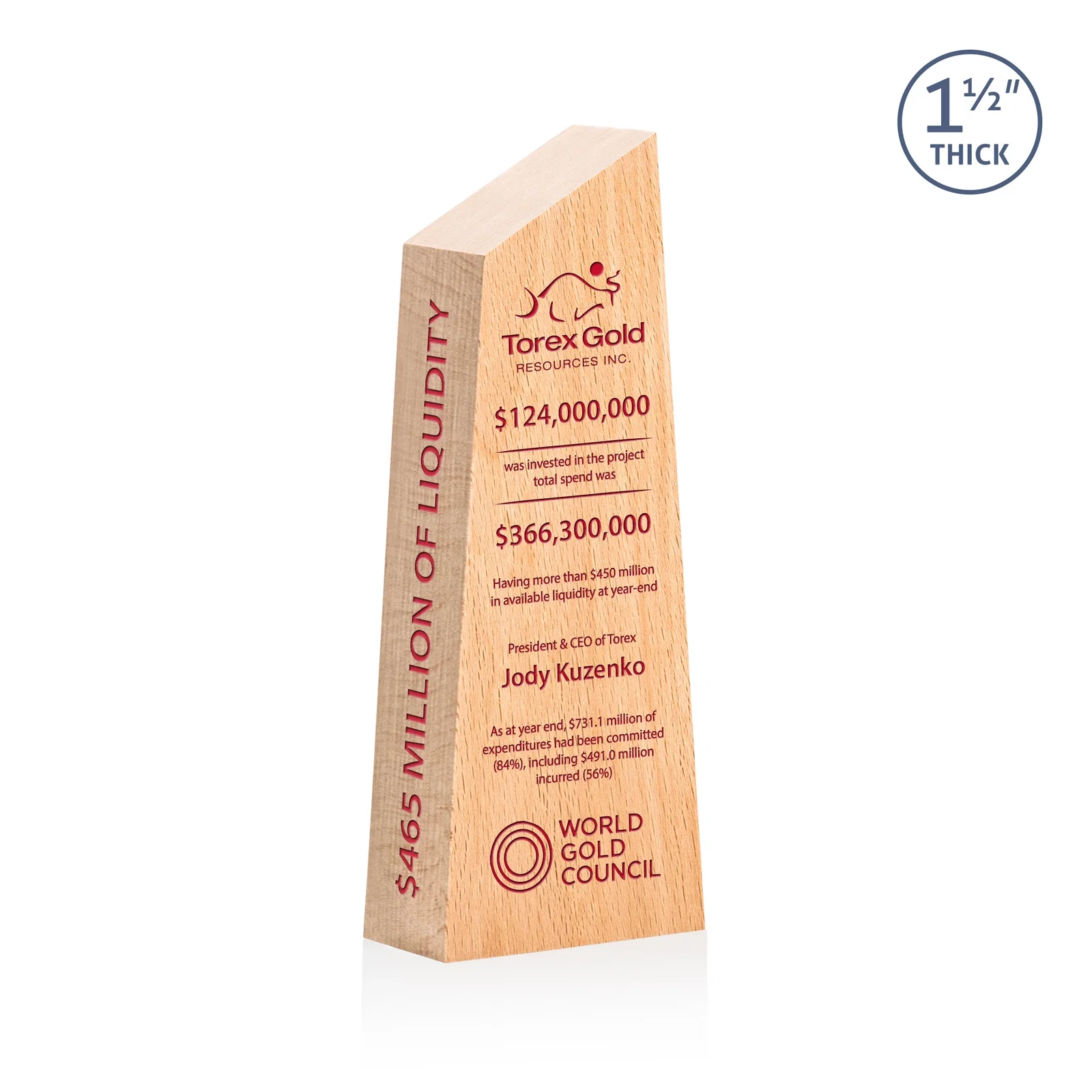 Custom Thick Freestanding Beechwood Award with Slanted Peak Top for company anniversary events