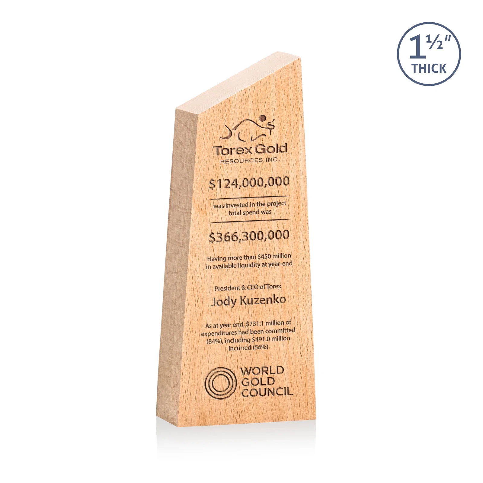 Custom Thick Freestanding Beechwood Award with Slanted Peak Top for corporate award ceremonies