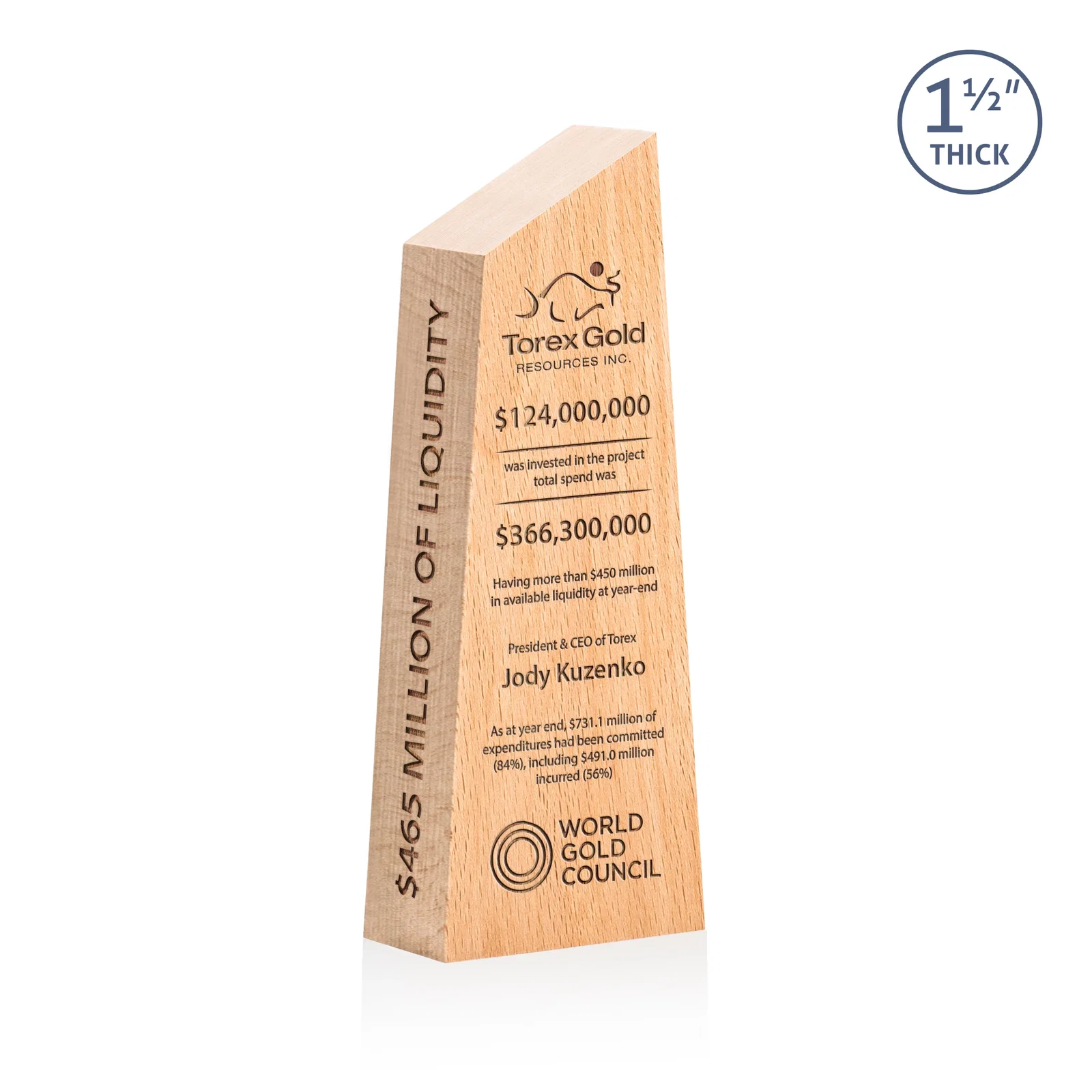 Custom Thick Freestanding Beechwood Award with Slanted Peak Top for retirement presentations